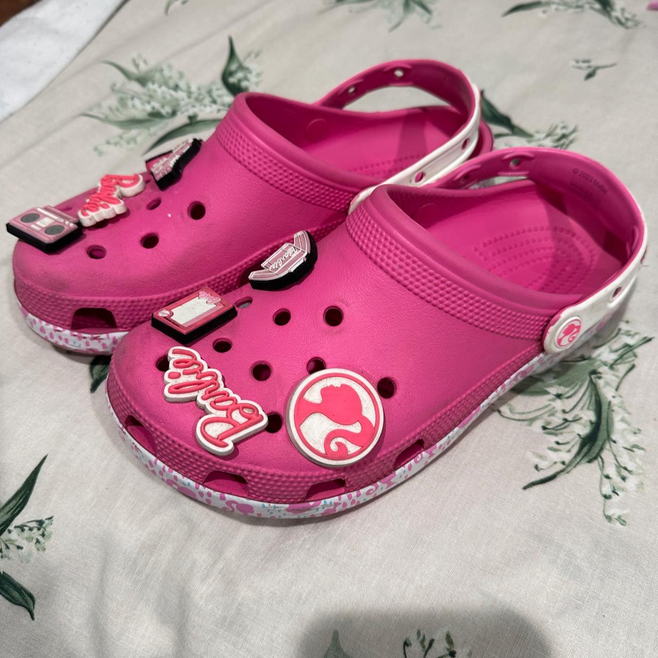 Pink Barbie Crocs. Minor wear downs. No noticeable... - Depop