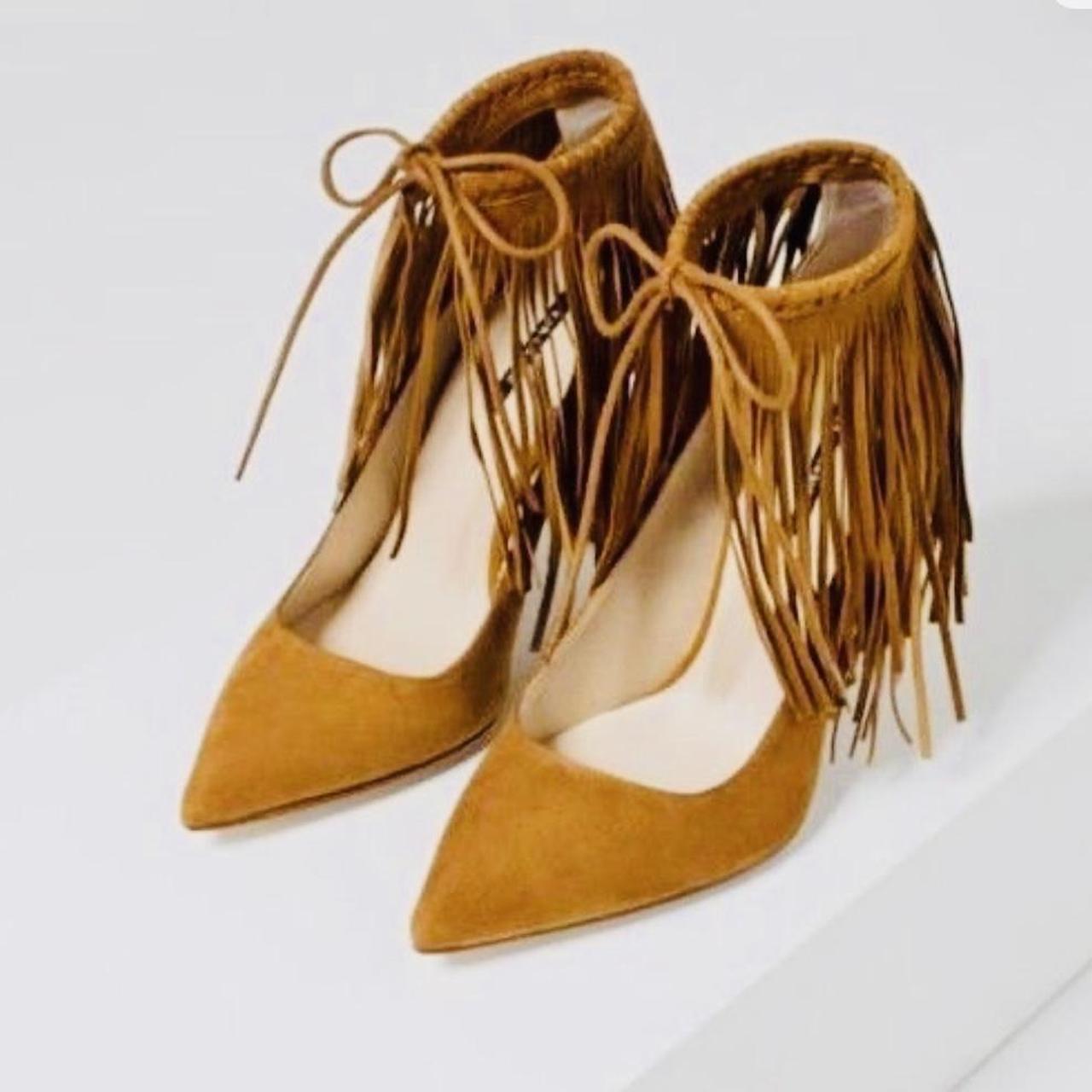 Zara Whisky Tan Suede Fringe High Heel Depop
