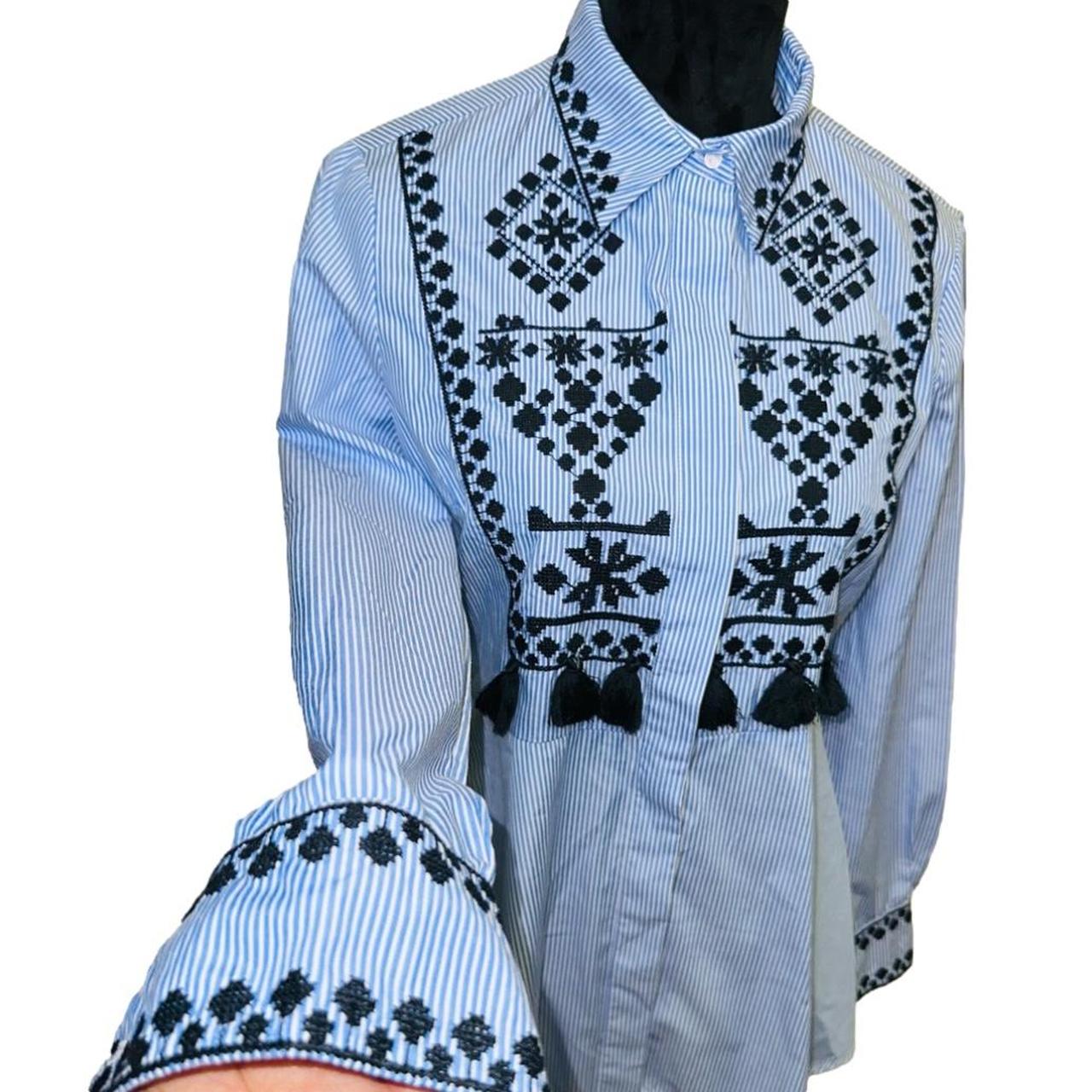 Zara Blue & White Striped Black Embroidered selling Tassel Button Down