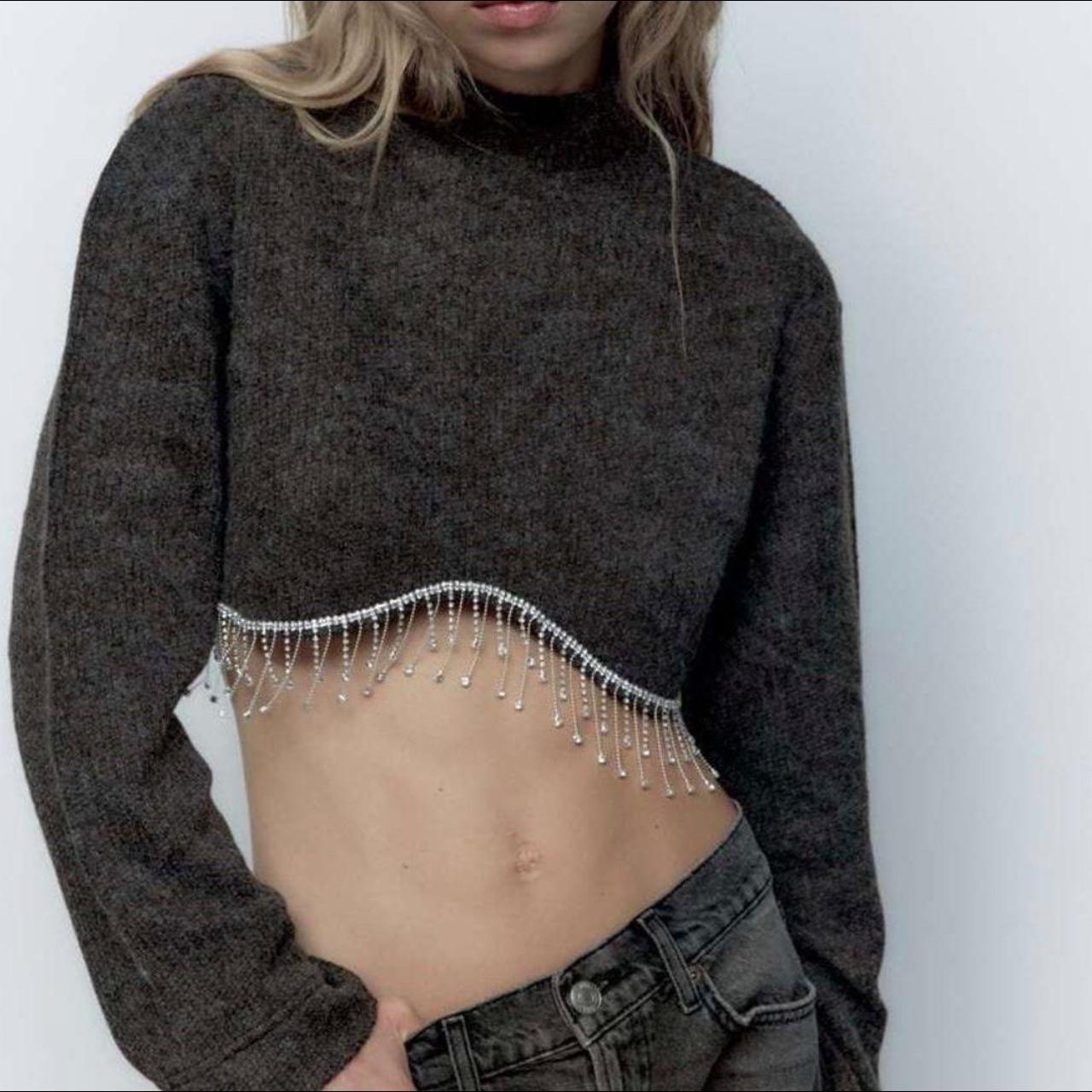 ZARA Rhinestone High Neck Jumper Grey New | Depop