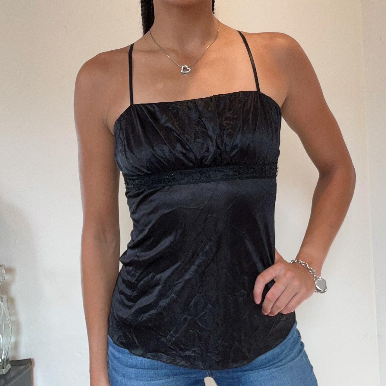 Beautiful black crushed satin tank top with mesh and... - Depop