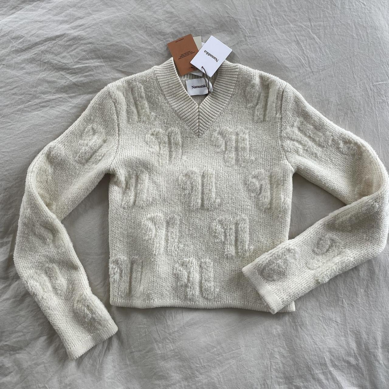 Nanushka chunky V-neck sweater - Neutrals Brand... - Depop