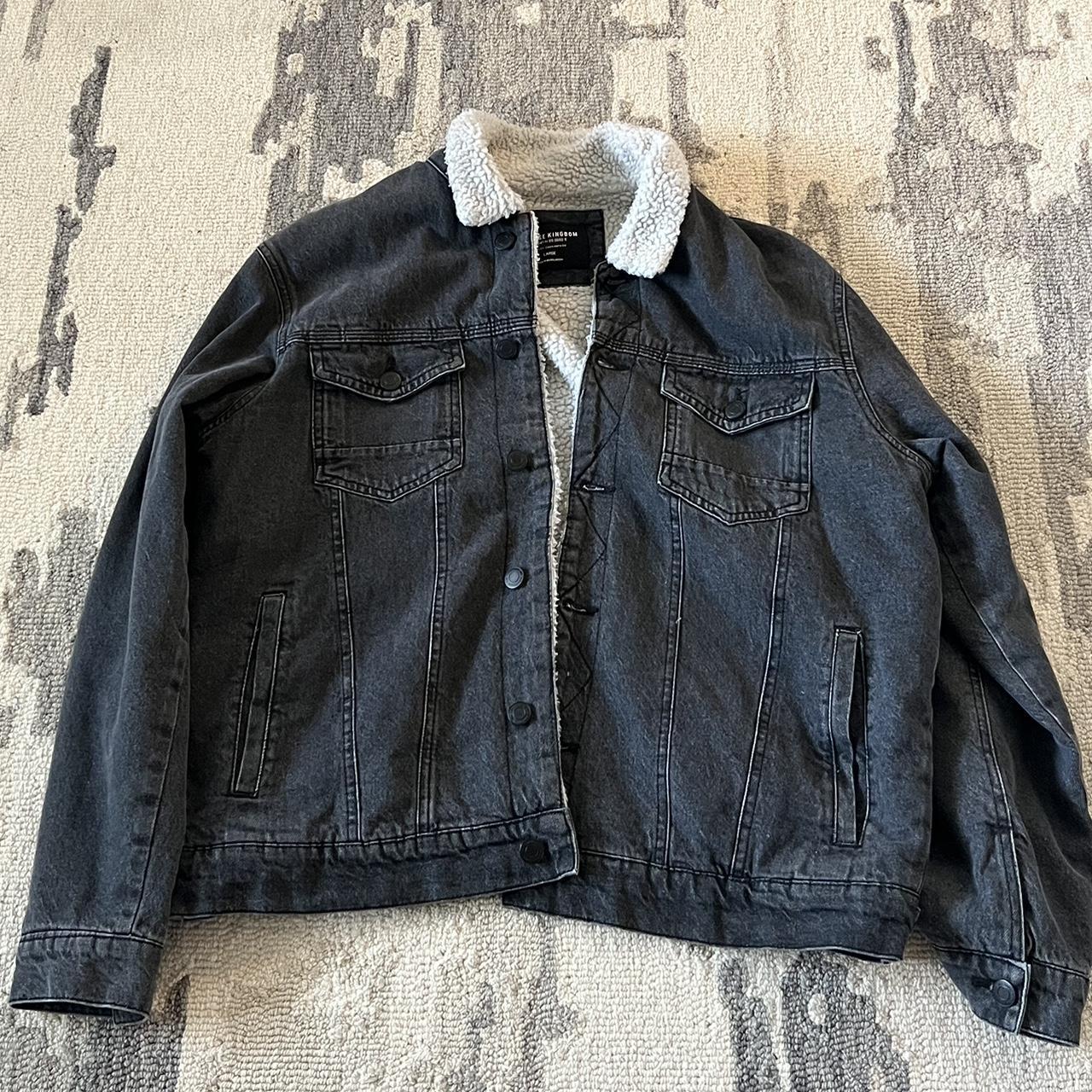 dark grey denim jacket interior lined with... - Depop