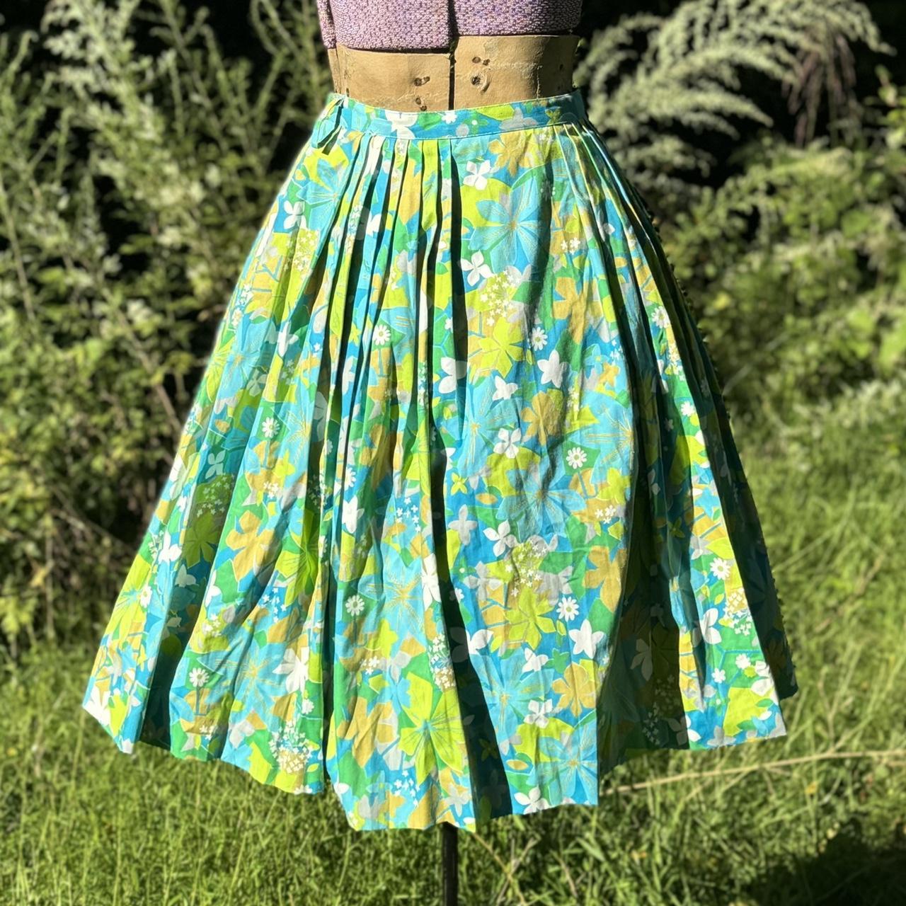 50s green floral mod print cotton full midi