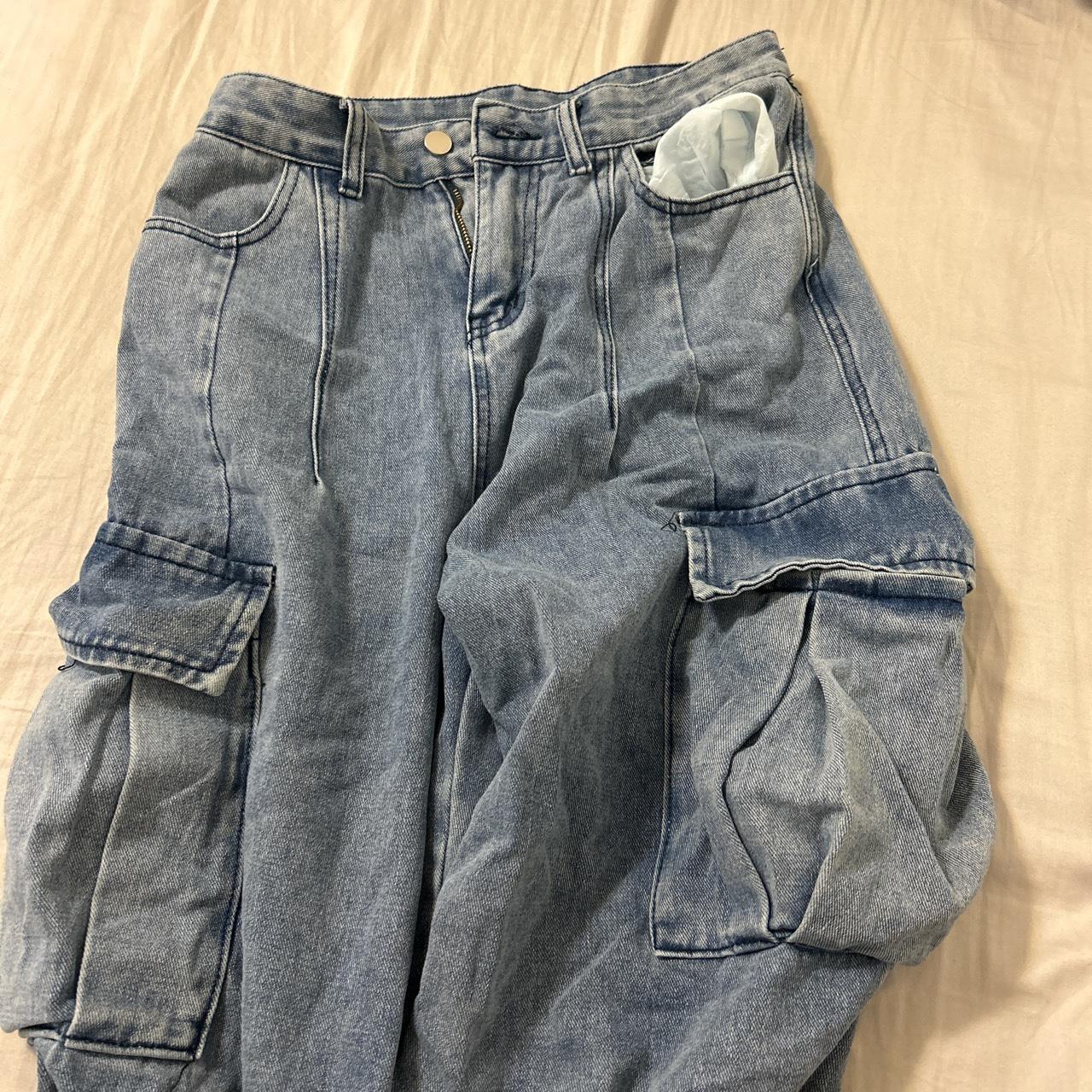 baggy light wash cargo jeans tag says size m, fits... - Depop