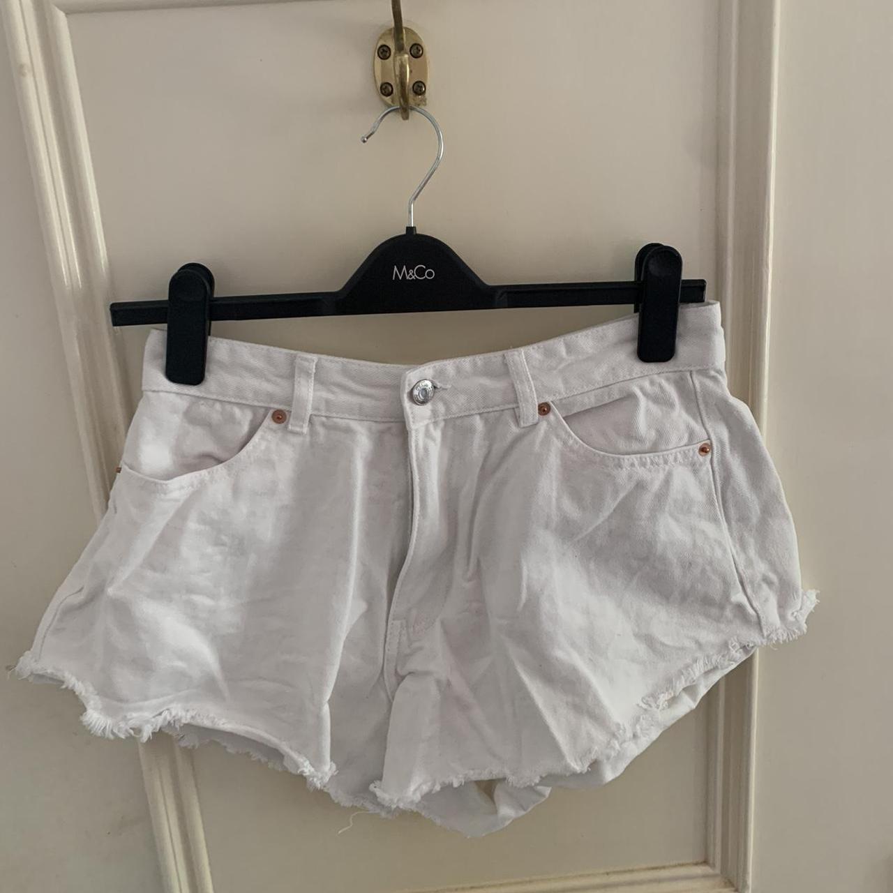 white freyed denim , flared leg shorts - primark size 8 - Depop