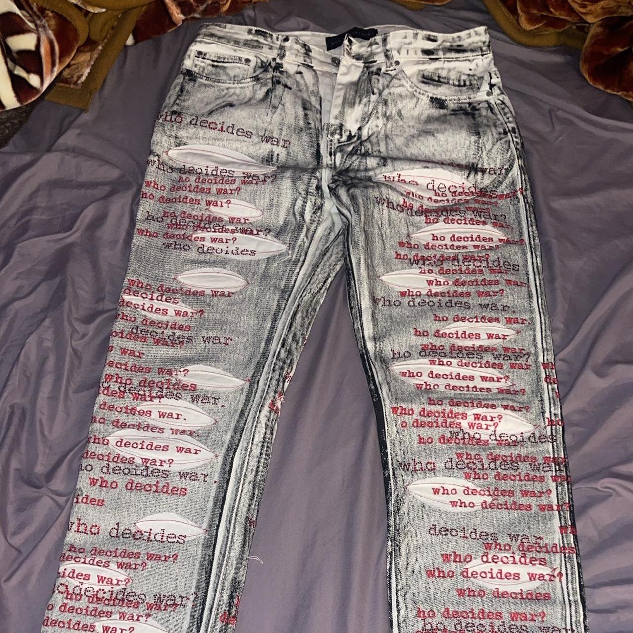 Who Decides War Jeans- Flocked Scripture Jeans. Worn... - Depop