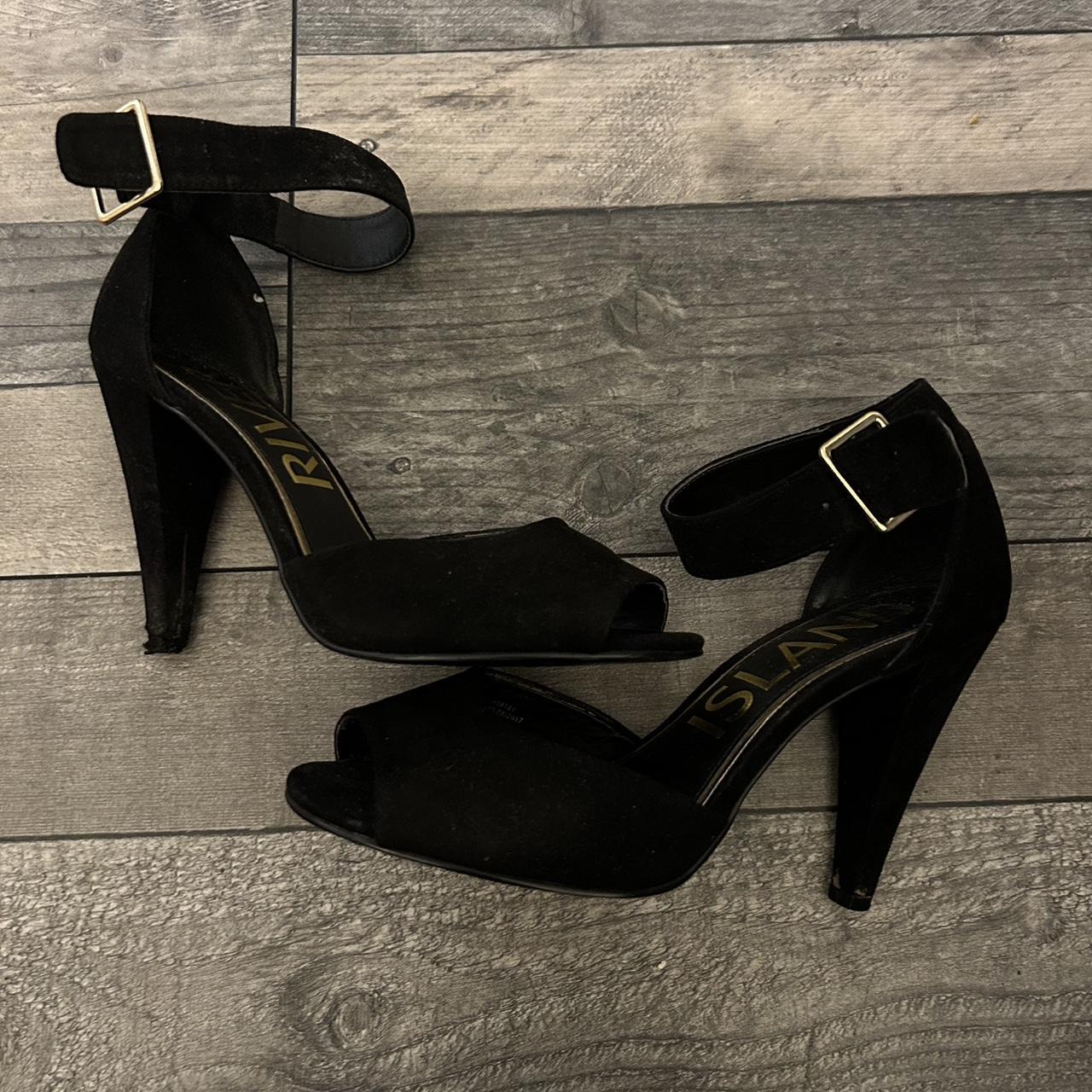 Black suede peep toe heels from river island... - Depop