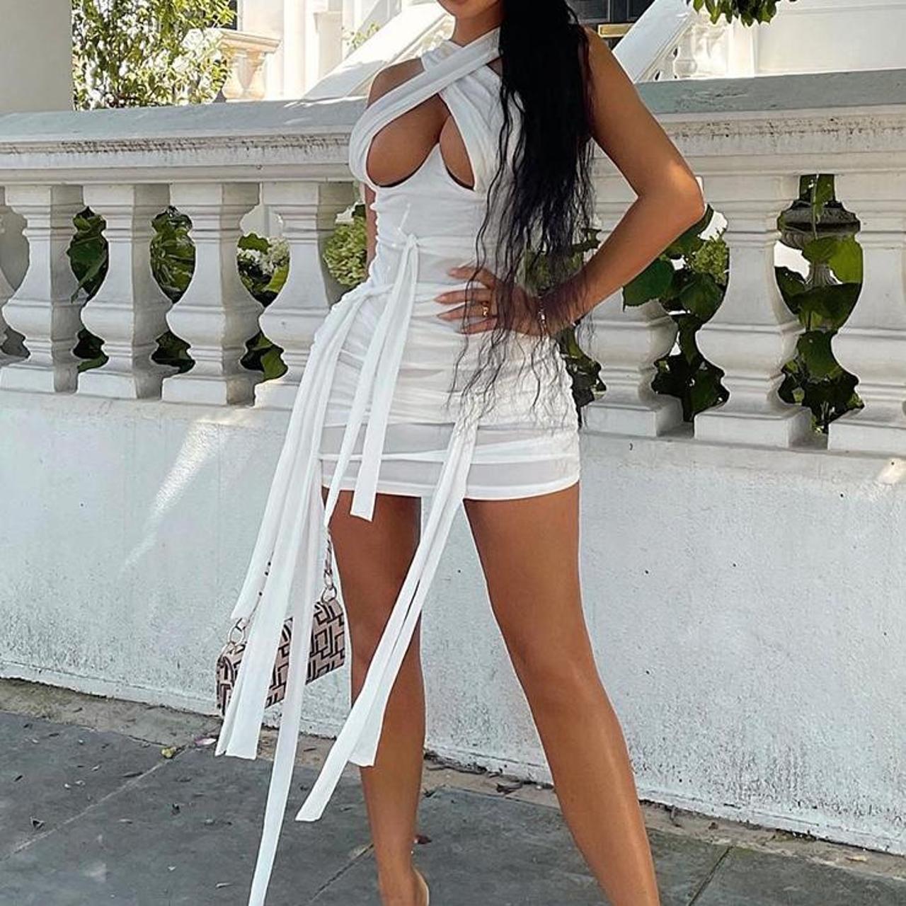 mesh wrap neck tie detail bodycon dress