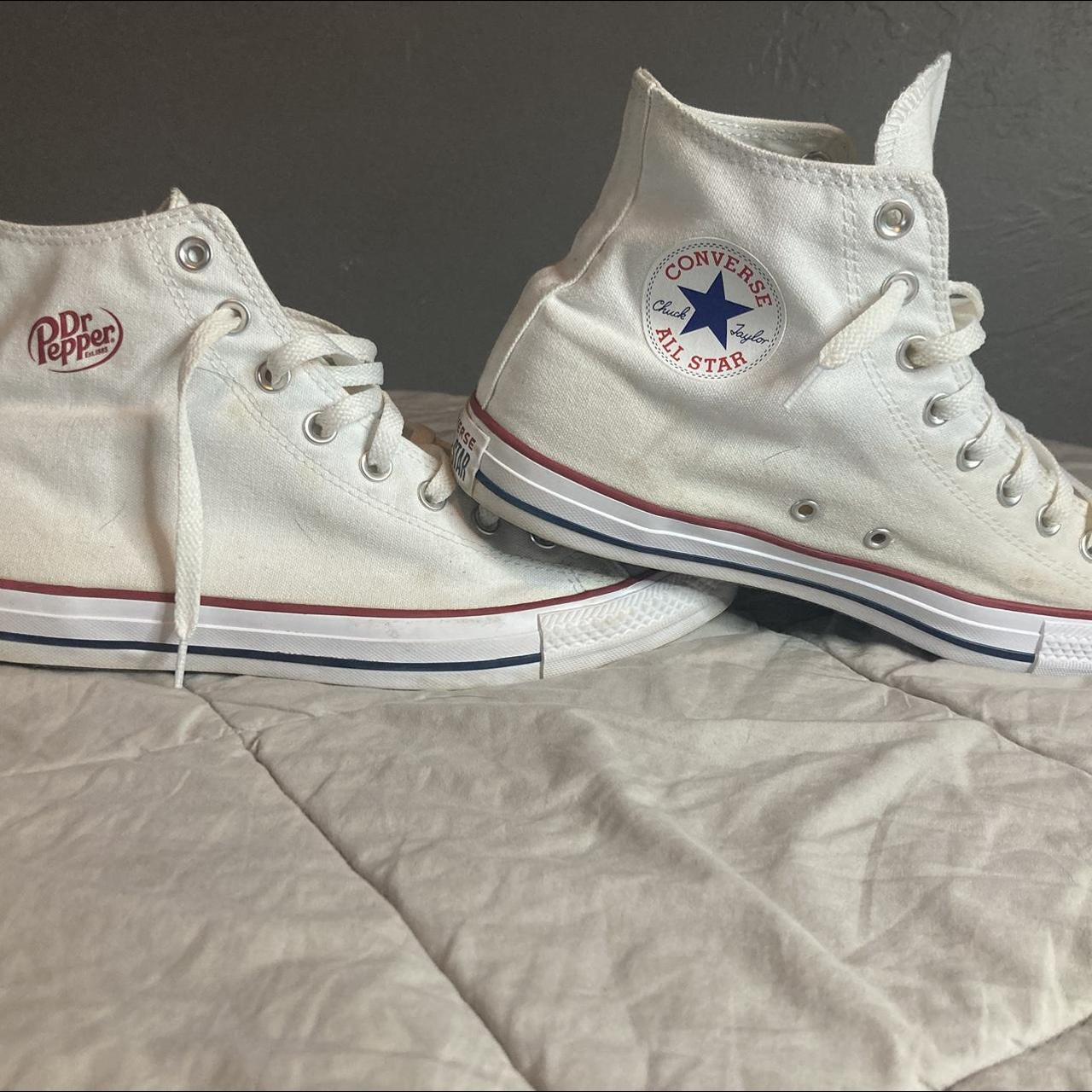 White converse, custom with dr pepper lego on... - Depop