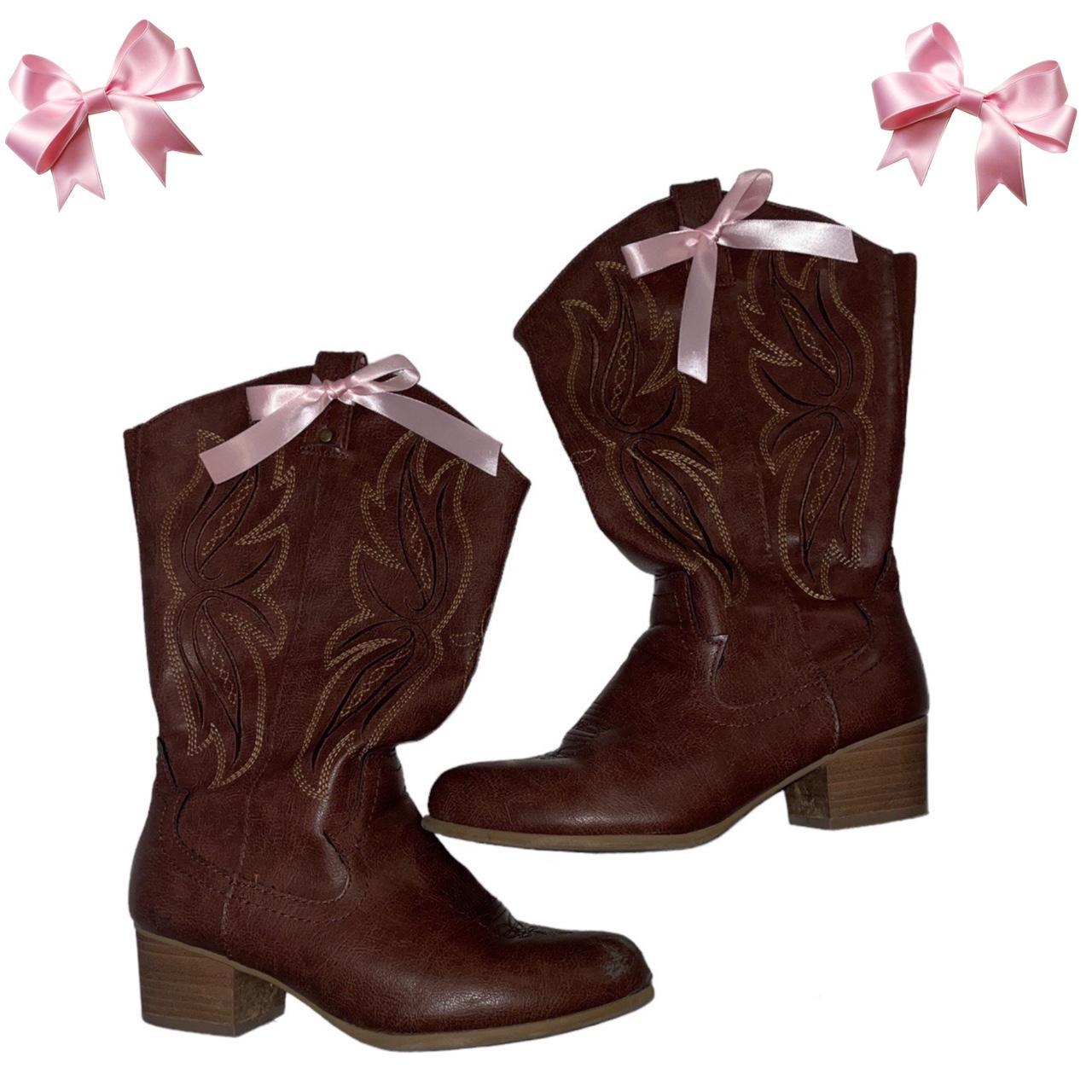 Brown cowboy boots with pink bows 🎀 -repop these... - Depop