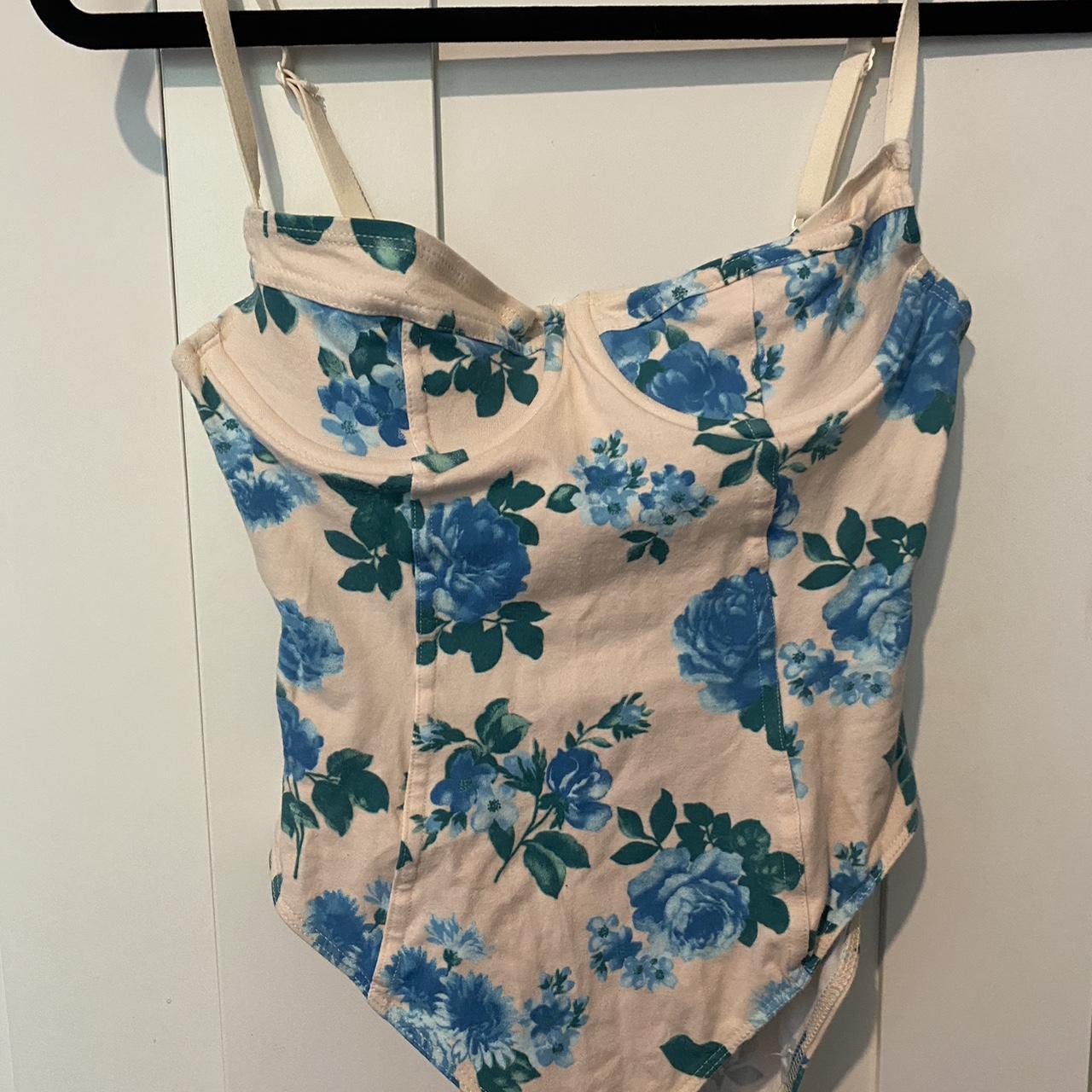 American apparel white and blue floral bodysuit M Depop
