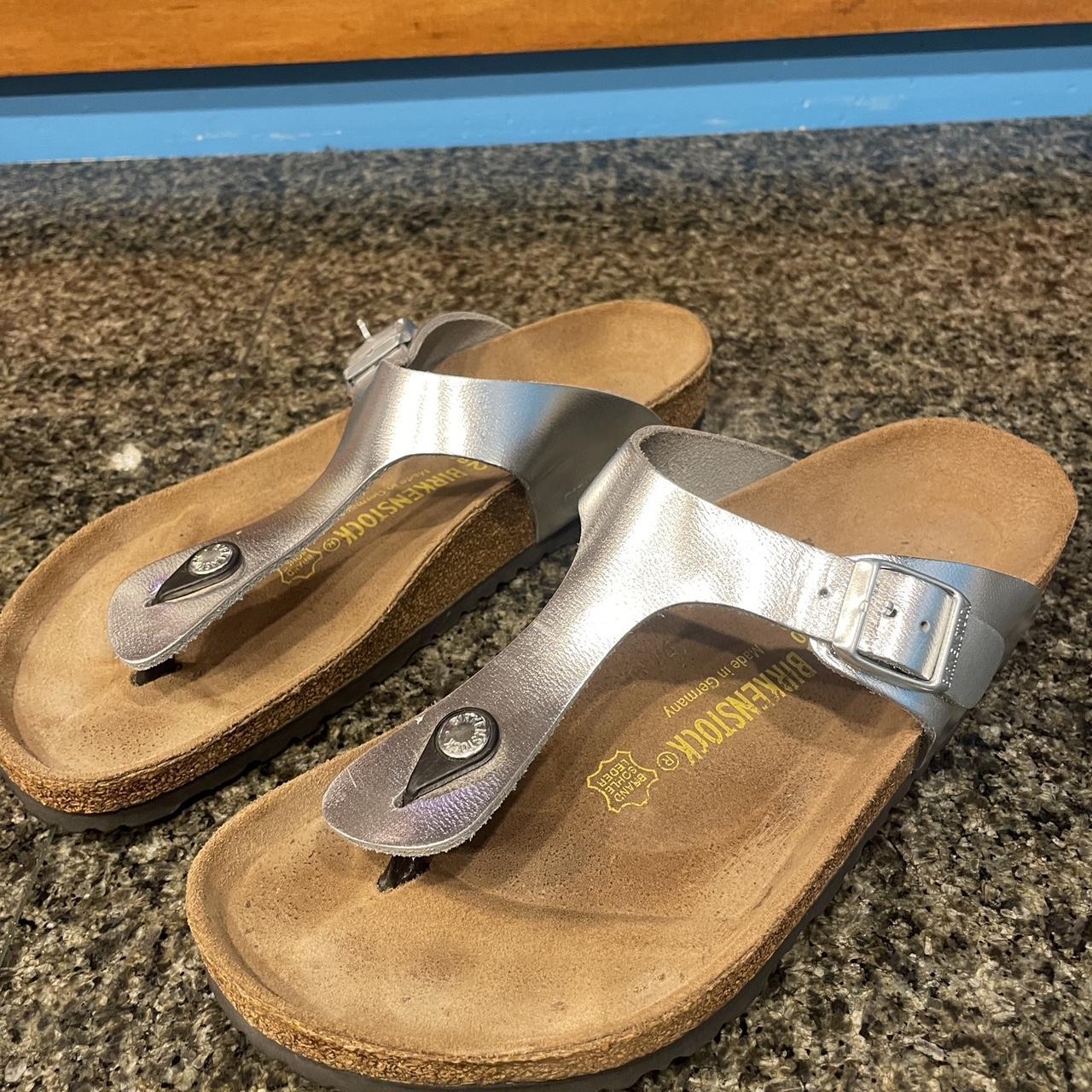 Silver Birkenstock sandal, like new, size 42(9-9.5us) - Depop