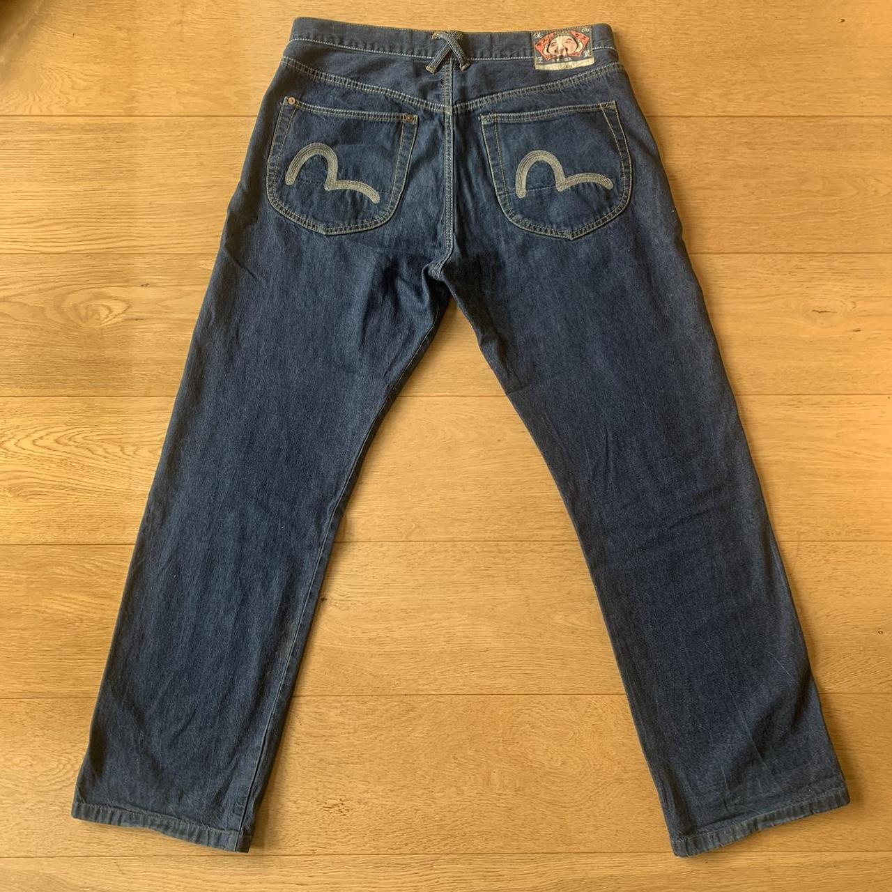 Evisu blue wide leg vintage jeans Contrast white &... - Depop