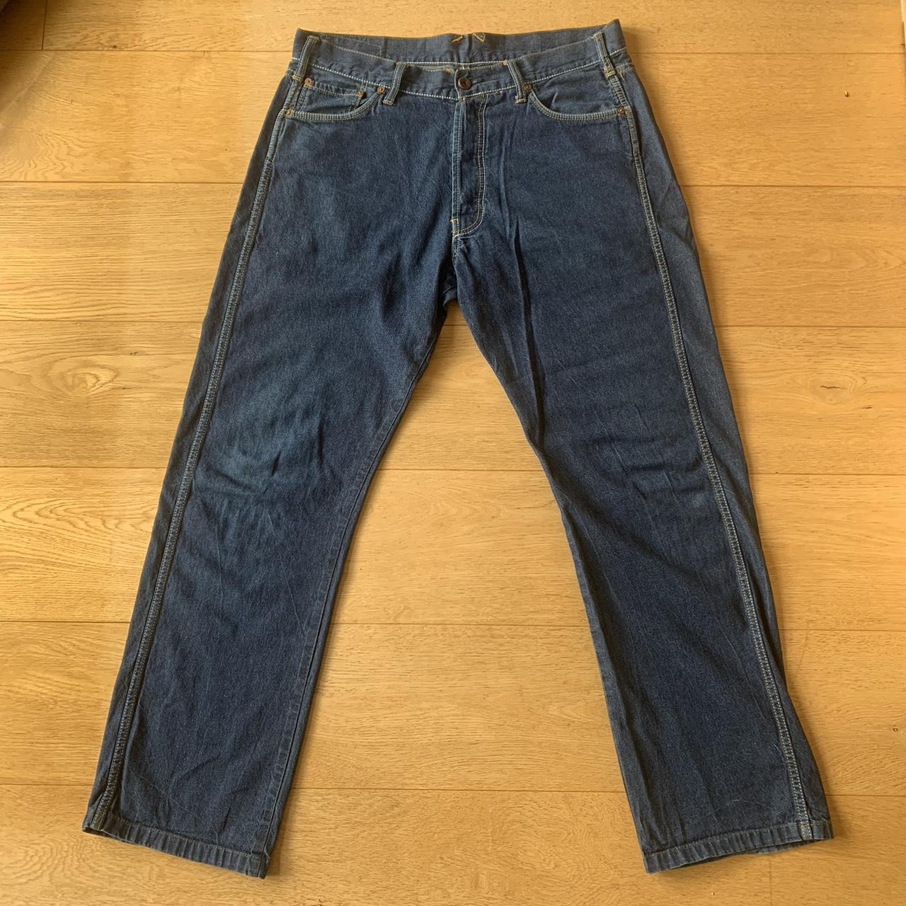 Evisu blue wide leg vintage jeans Contrast white &... - Depop