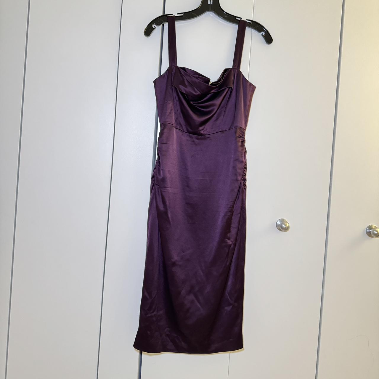 purple satin evening dress wide should strap Size... - Depop