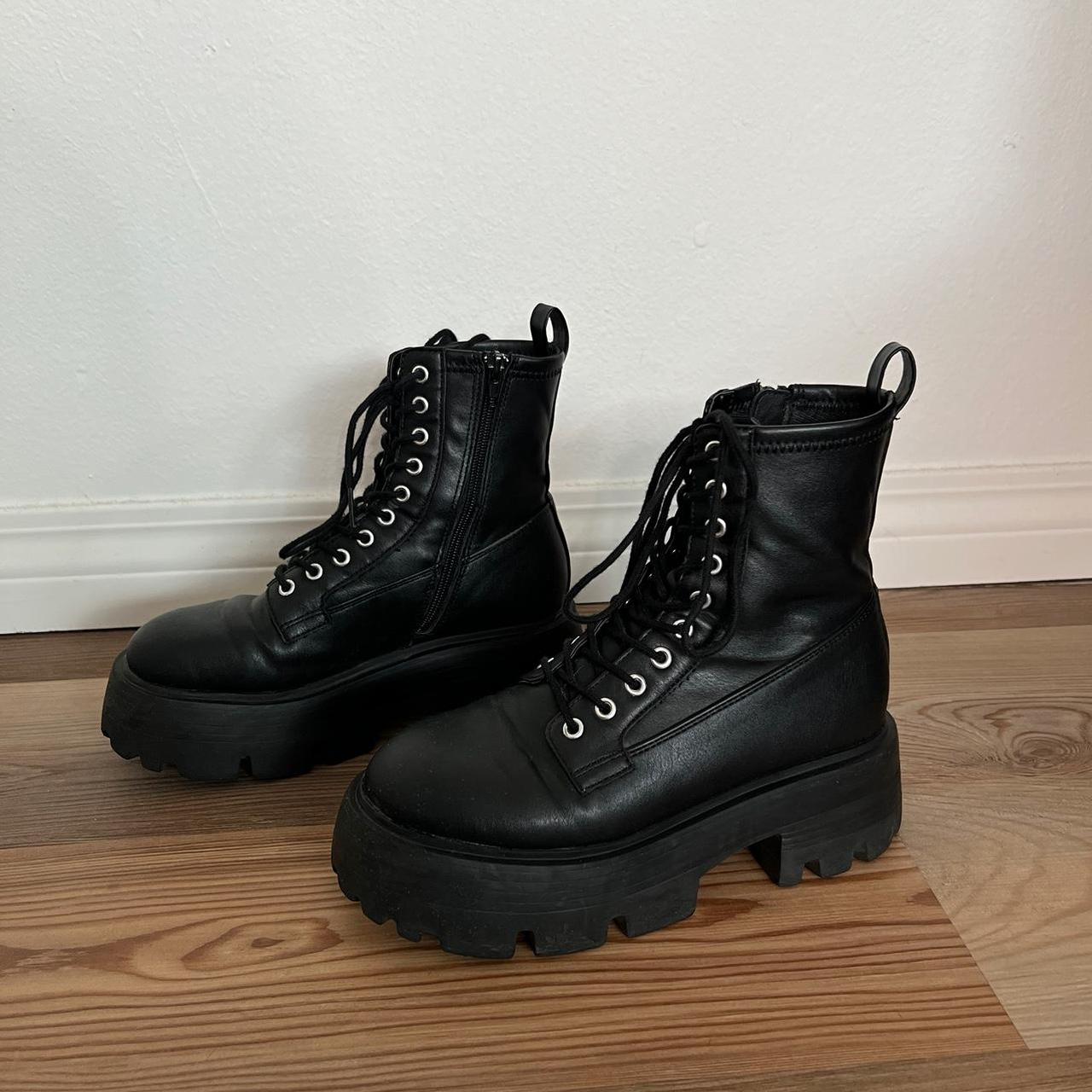 Faux Leather Platform Combat Boots lace up & zipper... - Depop