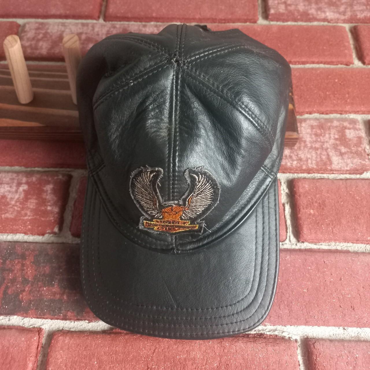 Vintage Rare good Leather Harley Davidson Hat for Men or Women, Unisex Biker Fashion, HOG, Embroidered Eagle Patch, Black, Adjustable