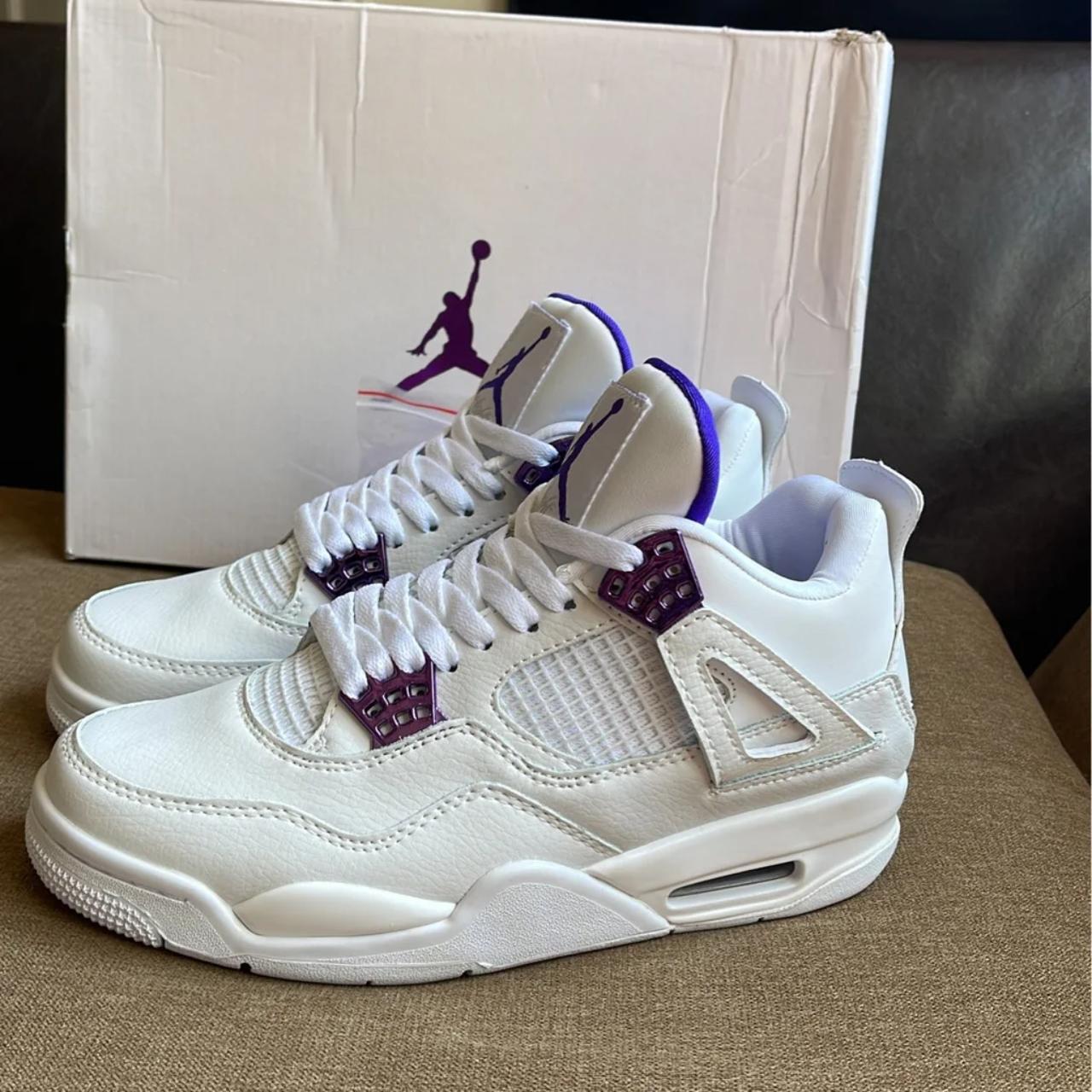 white and metallic purple jordan 4