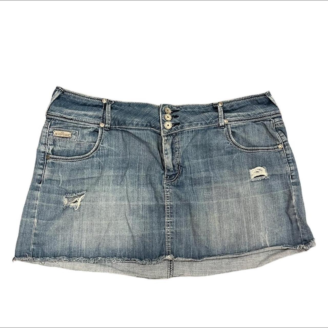 light wash denim mini skirt size 18 waist:... - Depop