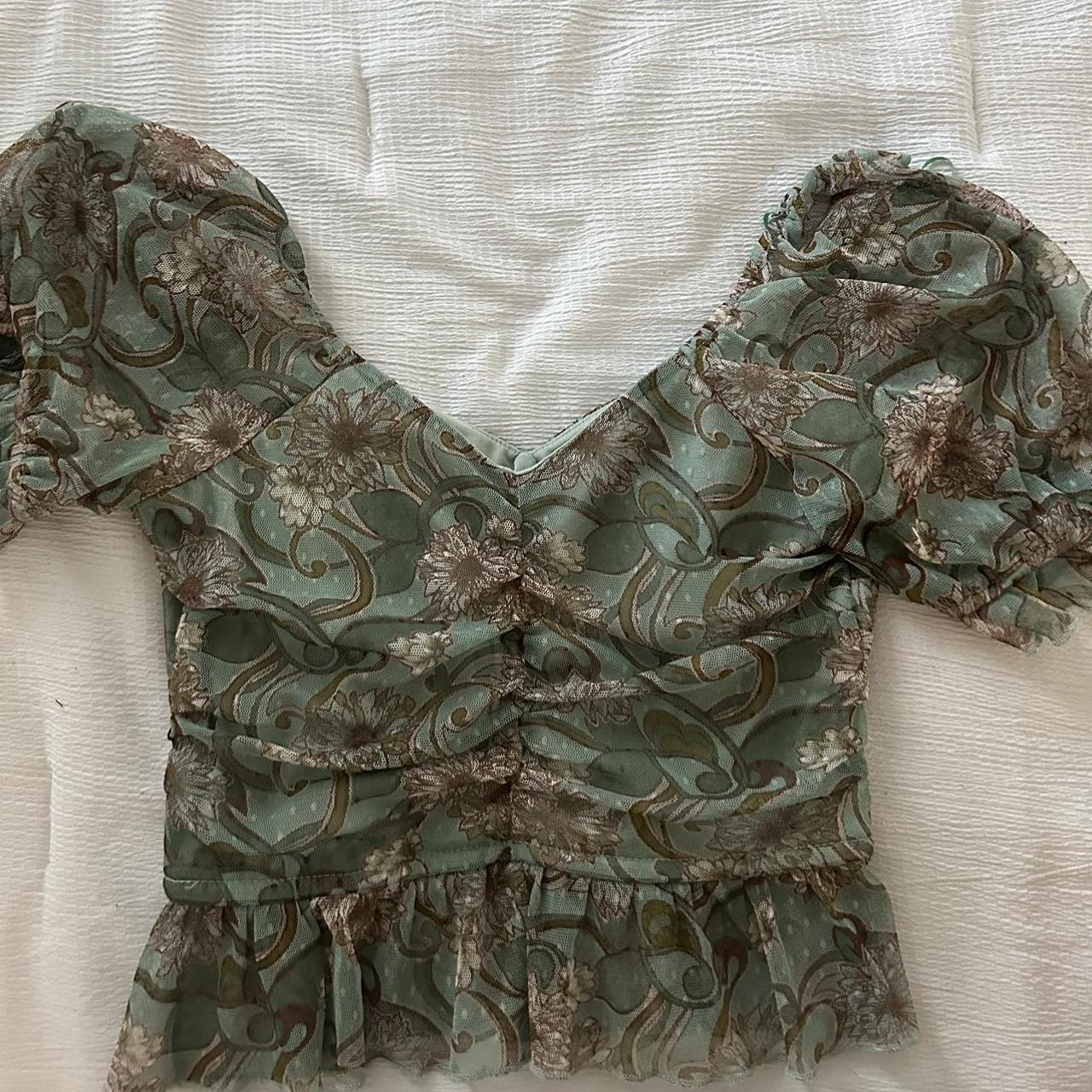 Green Floral Blouse (Cropped) Used Once Size S Good... - Depop