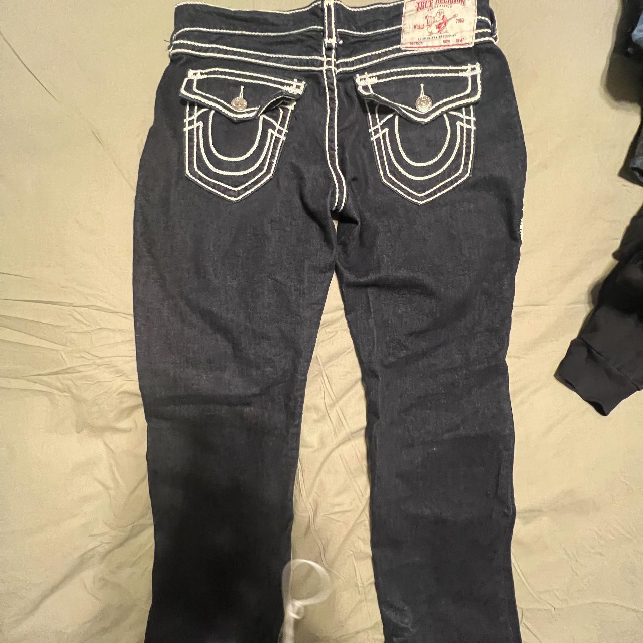 navy rope stitch true religion jeans no noticeable... - Depop