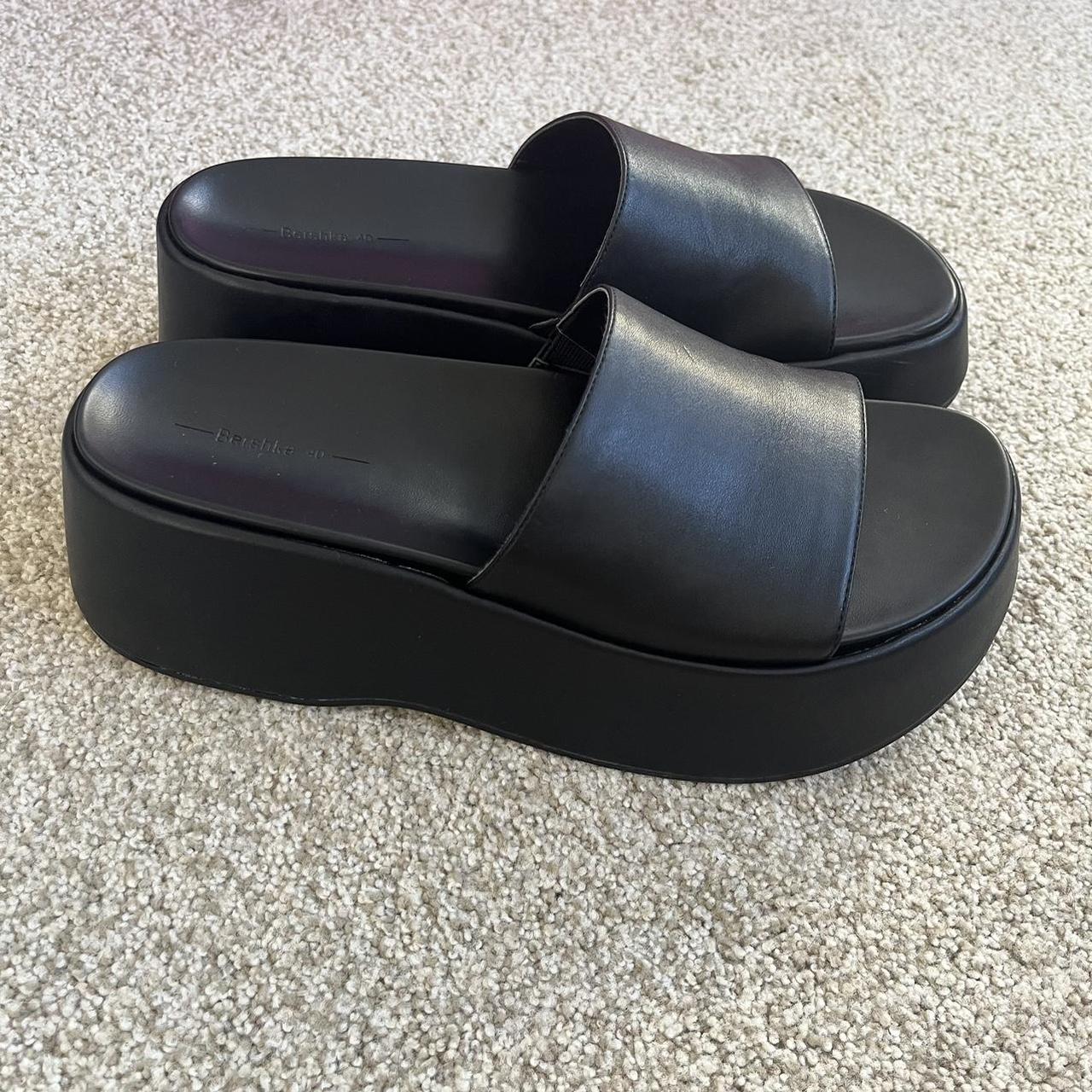 y2k black bershka faux leather platform sandals size... - Depop