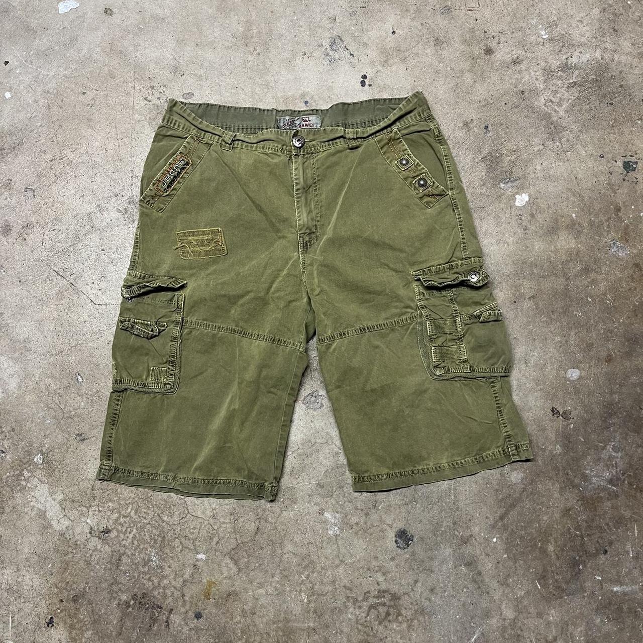 Y2K Skater Cargo Utility Camo Green Shorts Size... - Depop