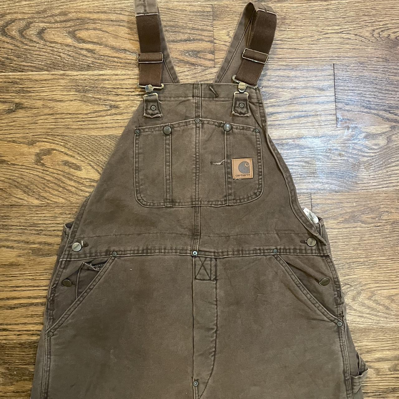 vintage brown carhartt overalls size 38x32 in... - Depop