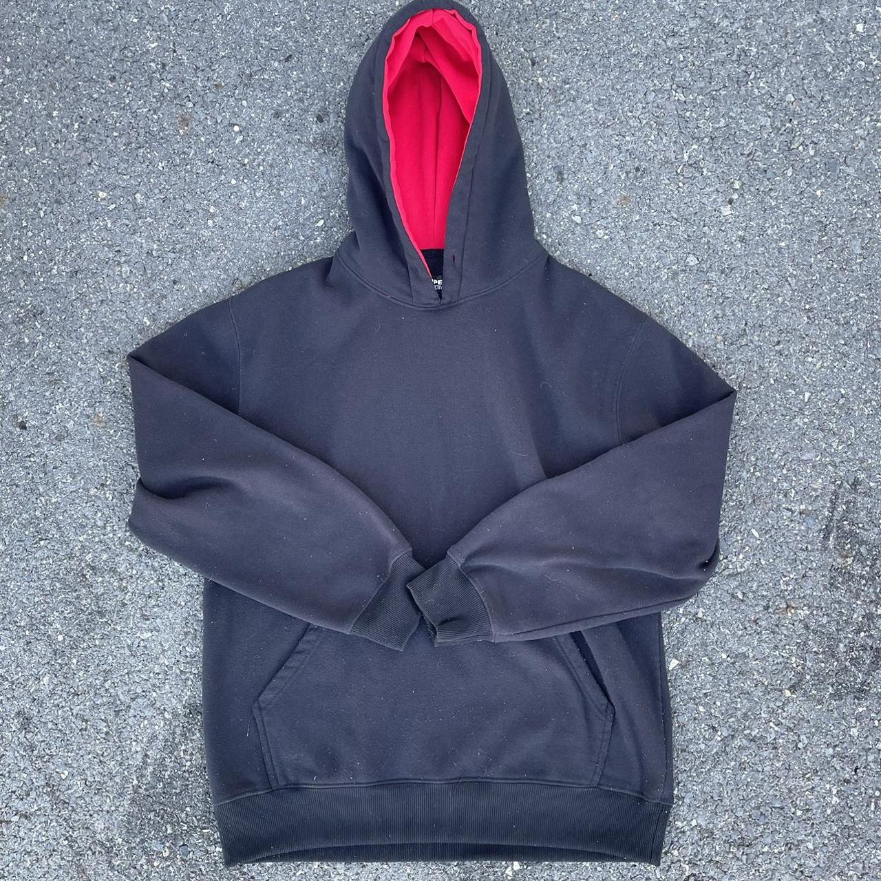 90s Black Hoodie Blank •red hoodie lining •no... - Depop