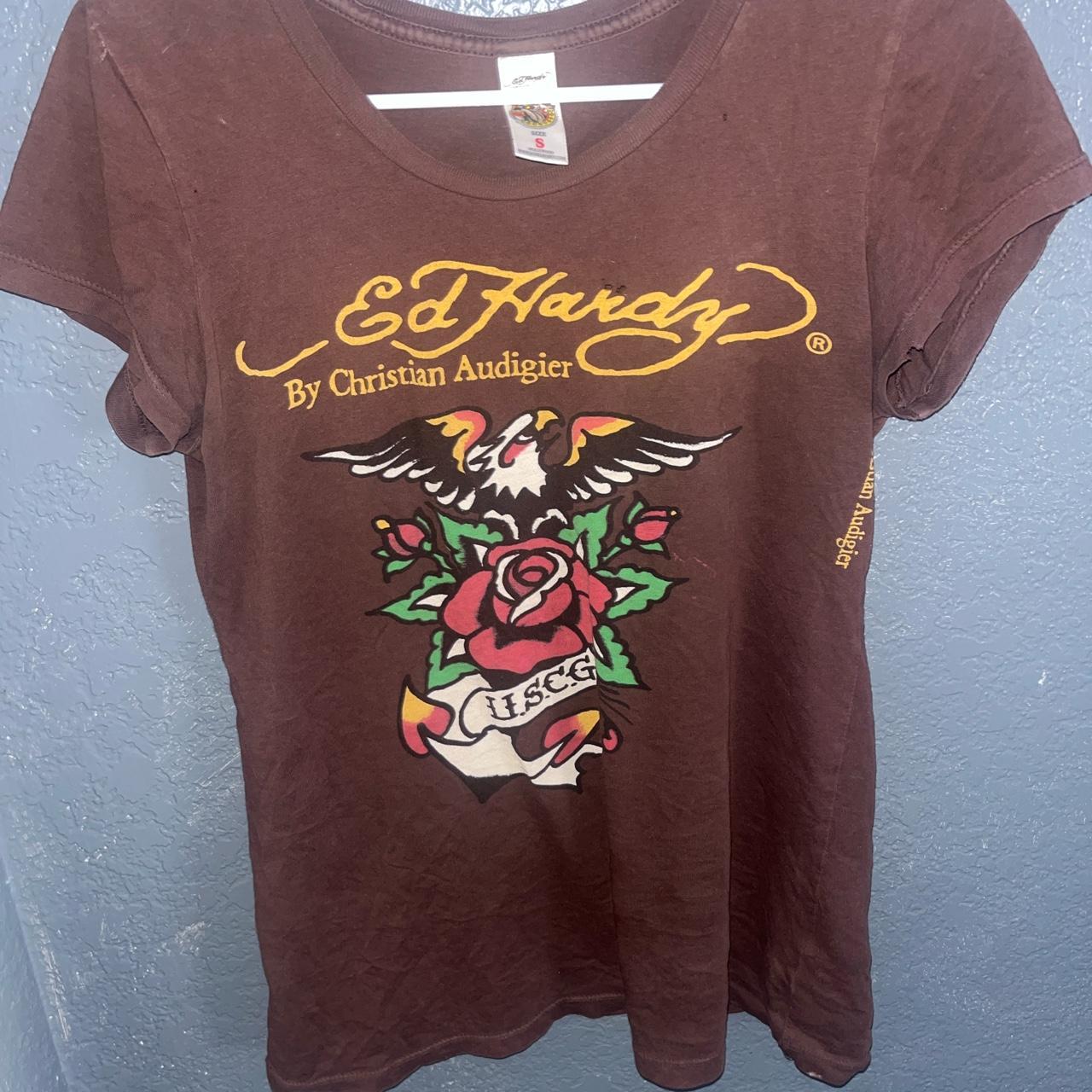 Ed Hardy Women's Brown T-shirt | Depop