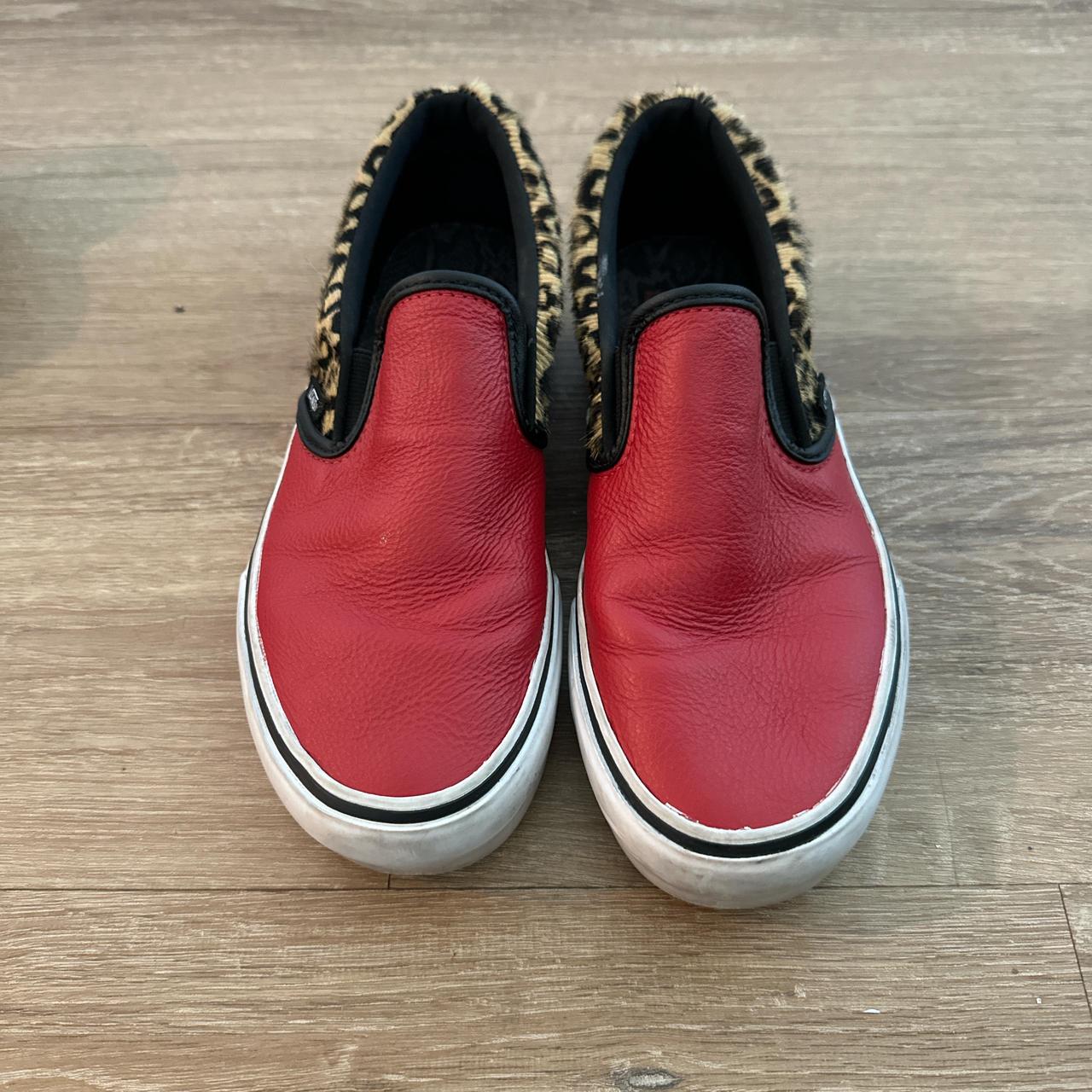 Vans red leopard leather combo slip on shoes size 7 Depop