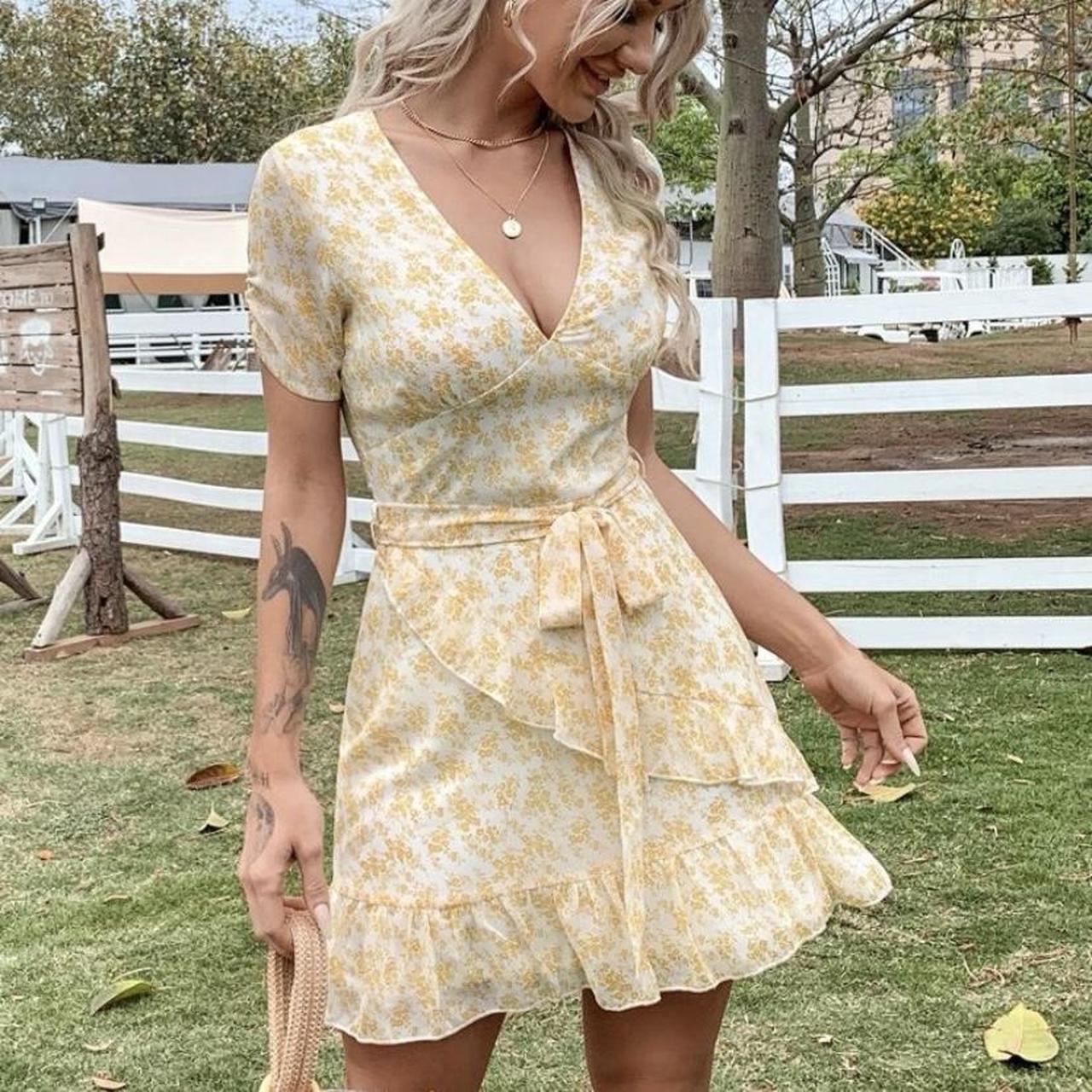 Yellow and white summer tea dress Depop