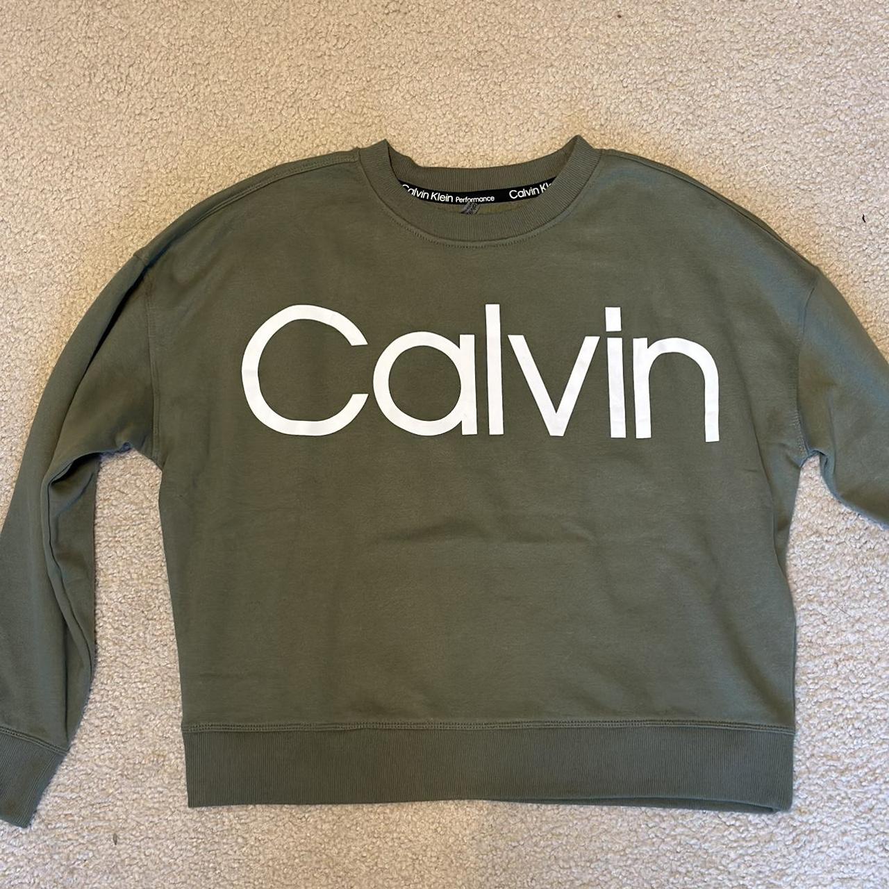 Calvin Klein Sportswear Women's Green and White Sweatshirt Depop