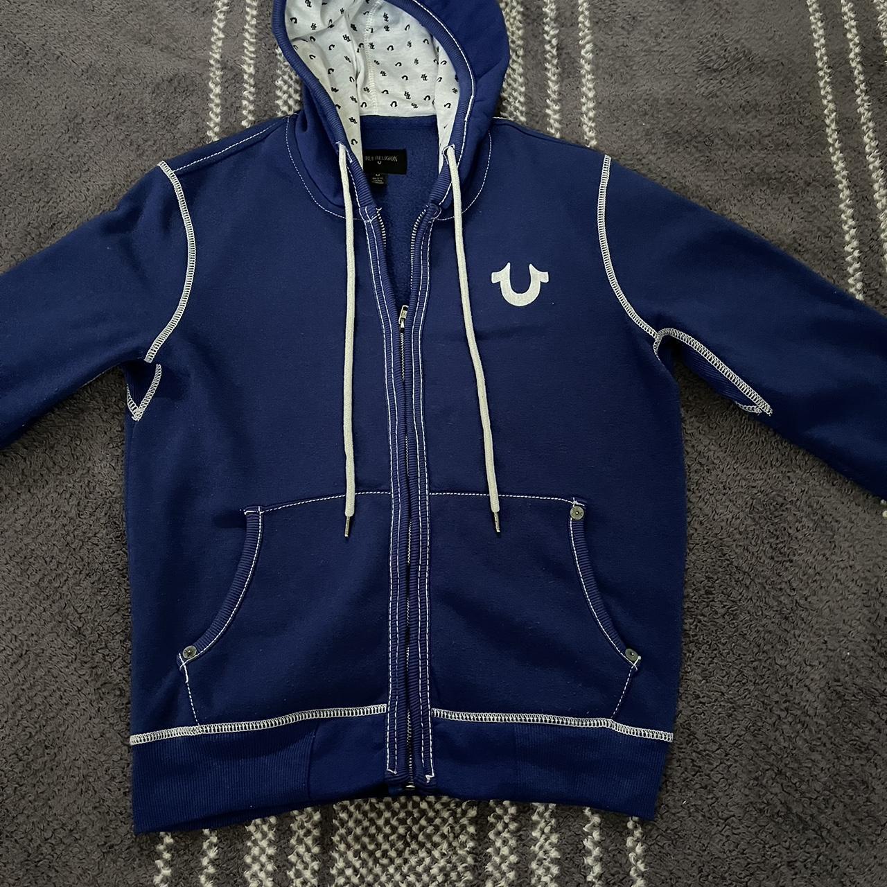 medium blue zip up true religion hoodie in really... Depop