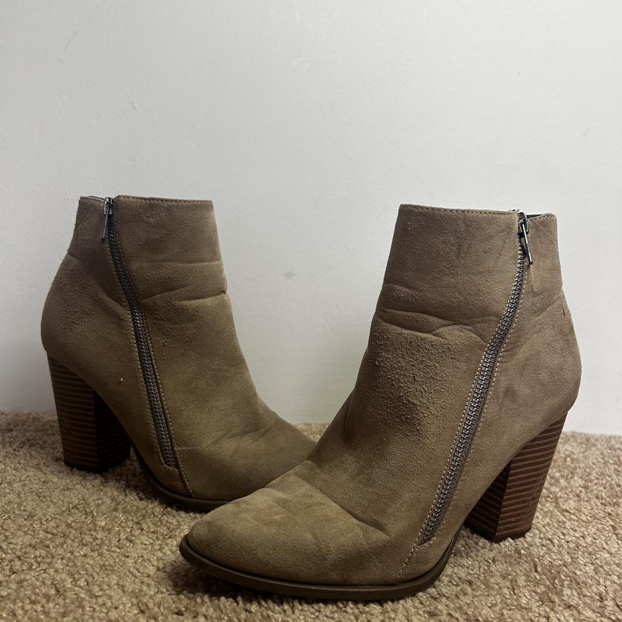 Beige heeled boots. Creased from being in storage,... - Depop
