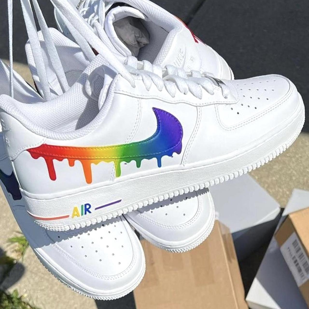 Nike Custom Air Force 1 Rainbow Splatter White Shoes Black Swoosh Pride  Mens