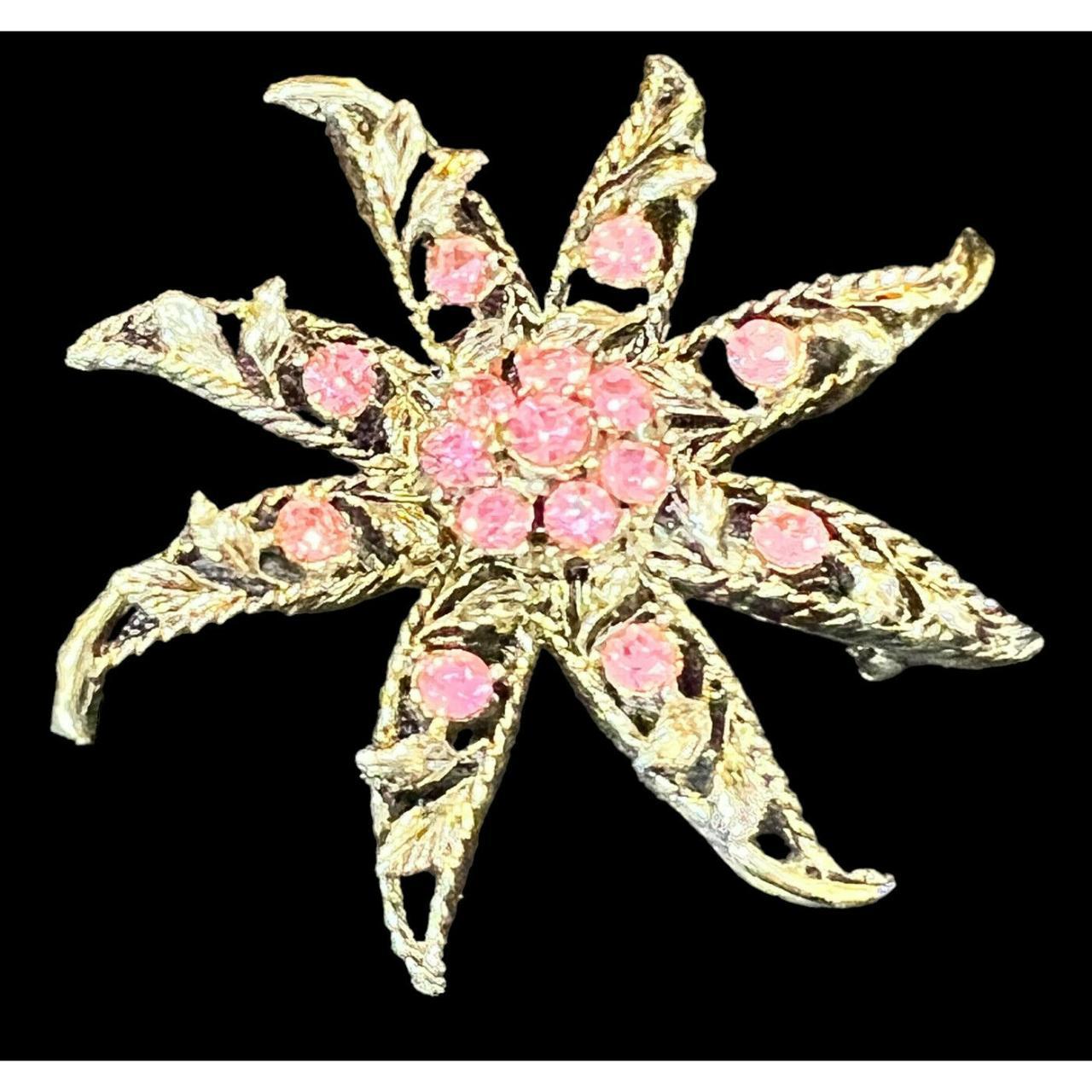 Vintage Pink Rhinestone Flower Brooch Depop