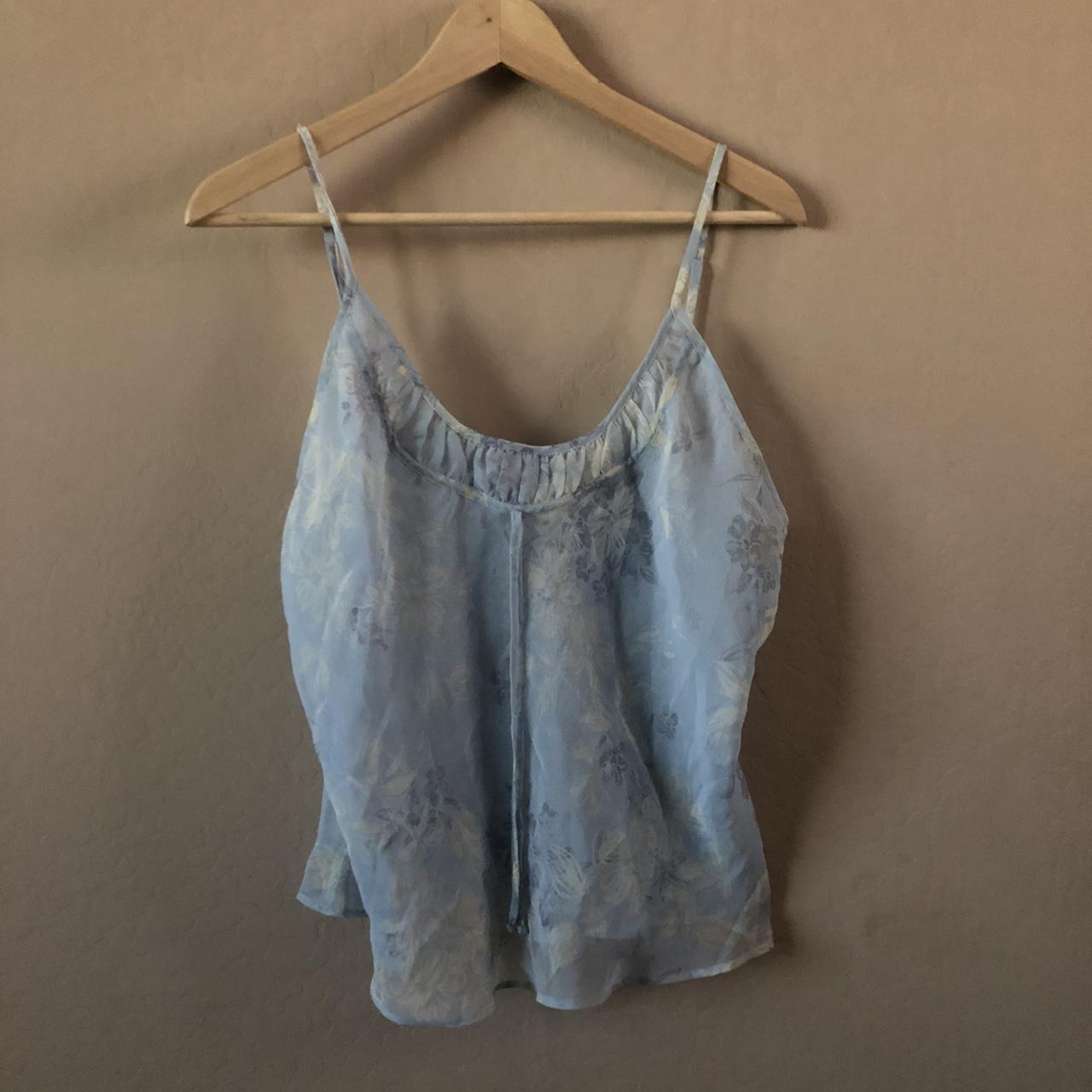 Light blue sheer floral tank top with string and... - Depop