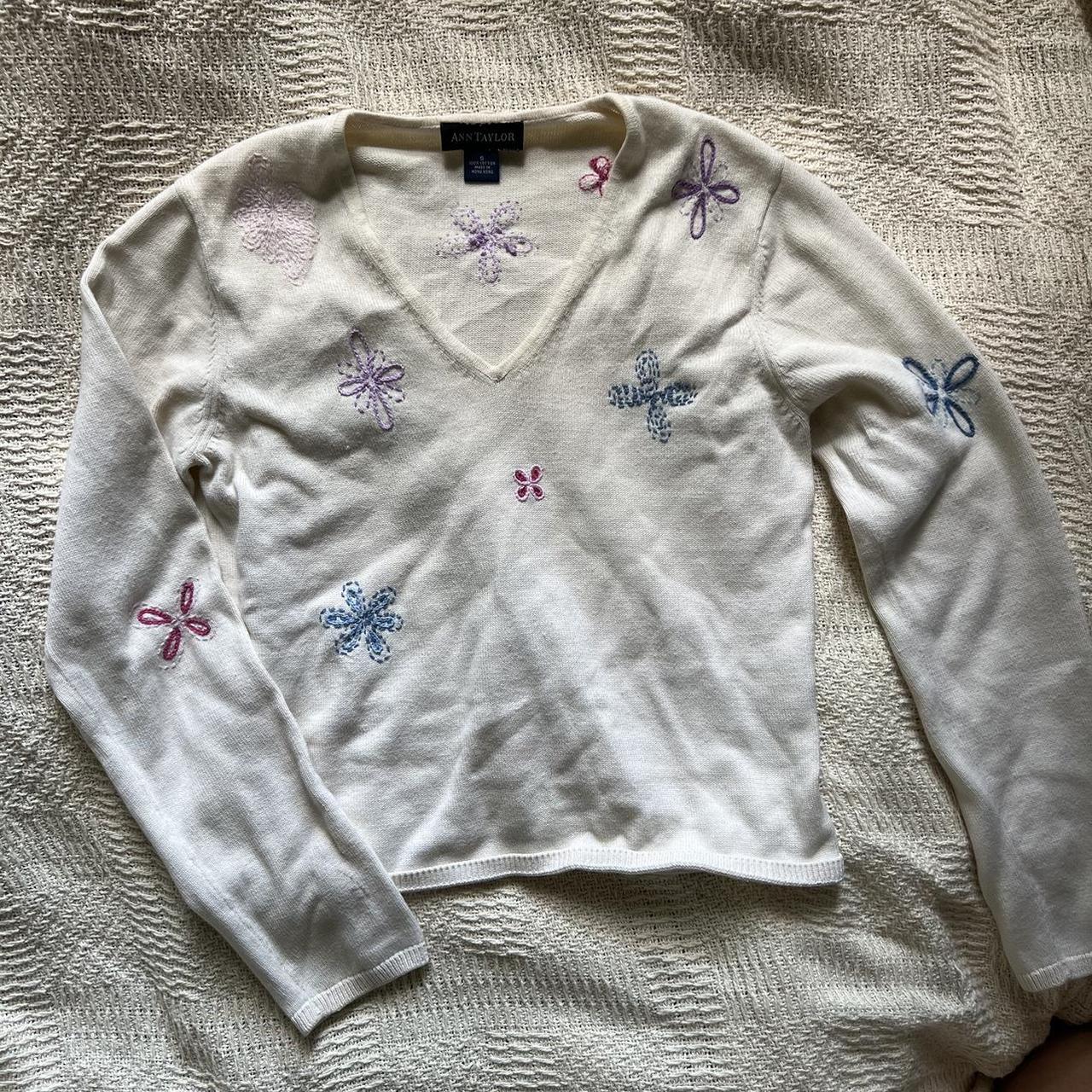 Small Flower Embroidered White Sweater 💐 #flowers - Depop