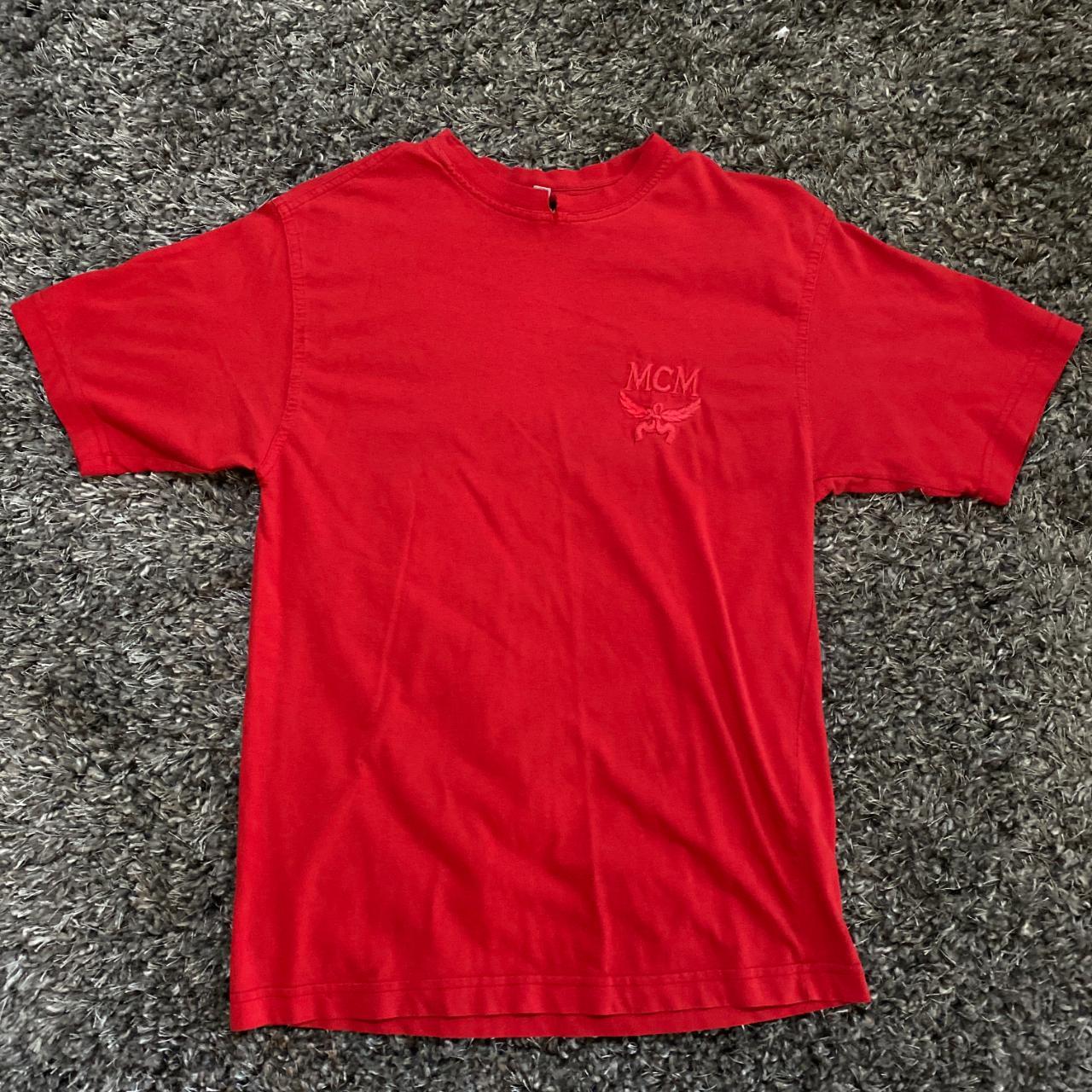 Vintage MCM Tee clean red on red embroidery... - Depop