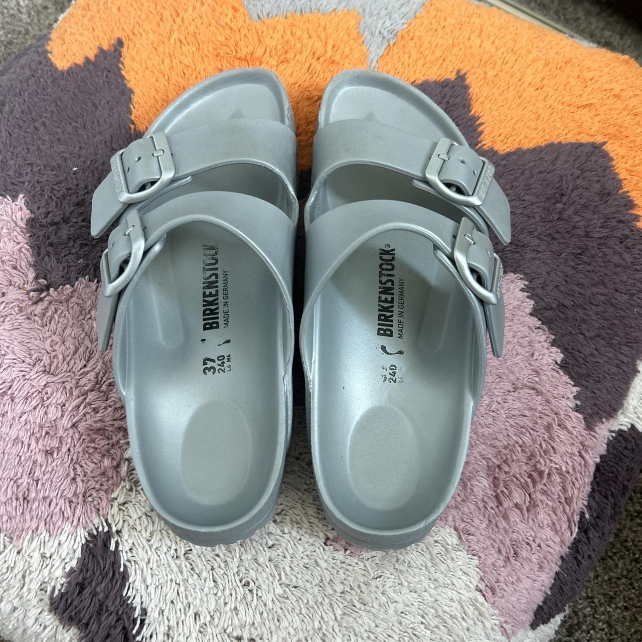 Silver rubber Birkenstock sandals. Size 6.5 W. - Depop