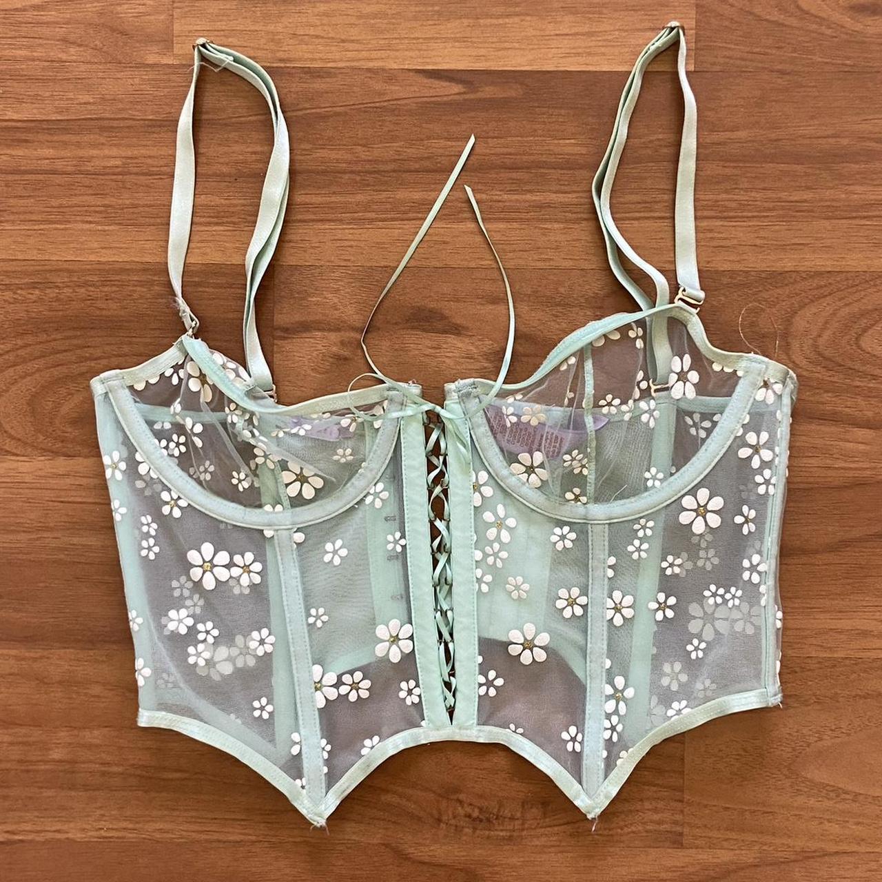 Mint green corset with white floral print and lace... | Depop