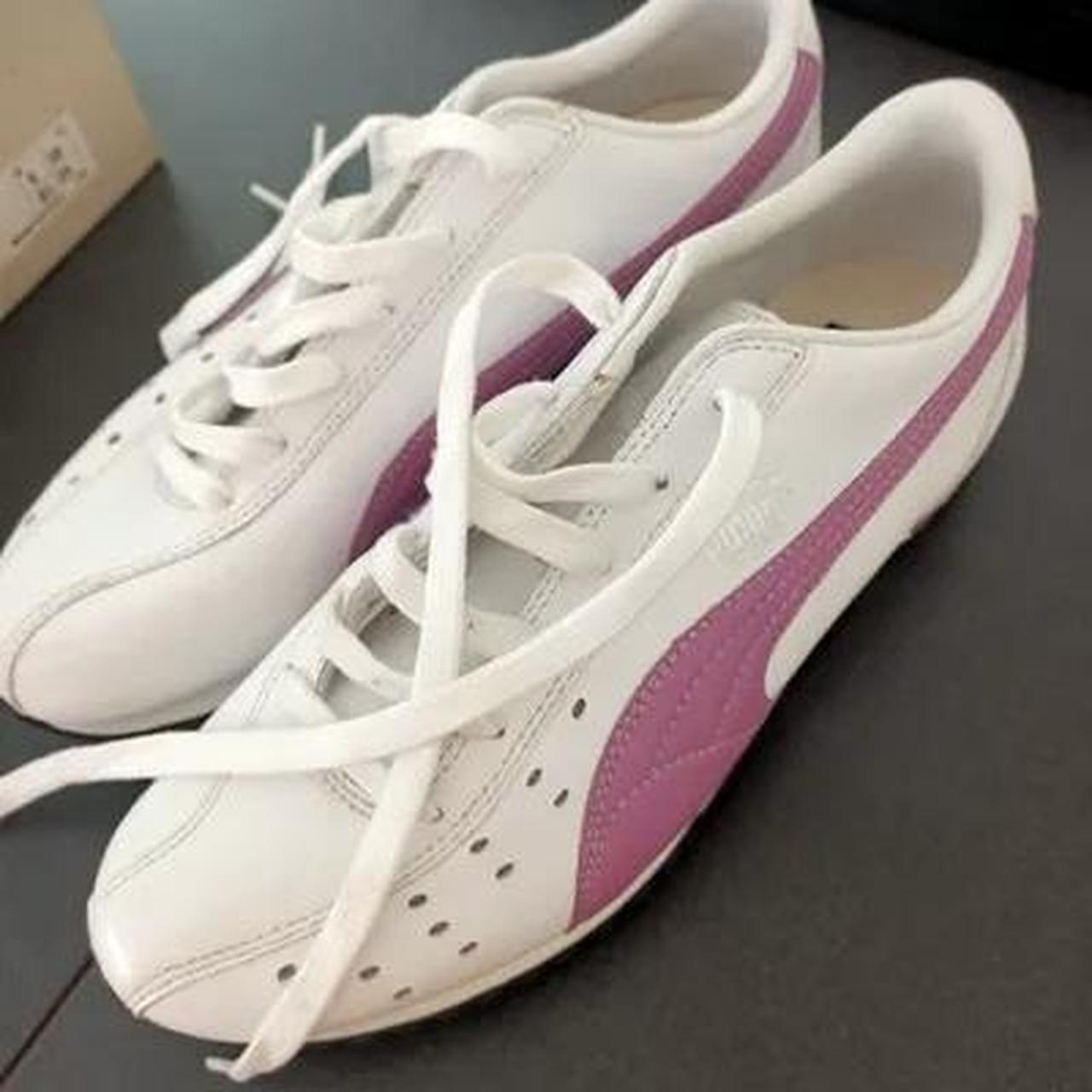 Vintage Puma Pink and White Trainers Hardly worn as. Depop