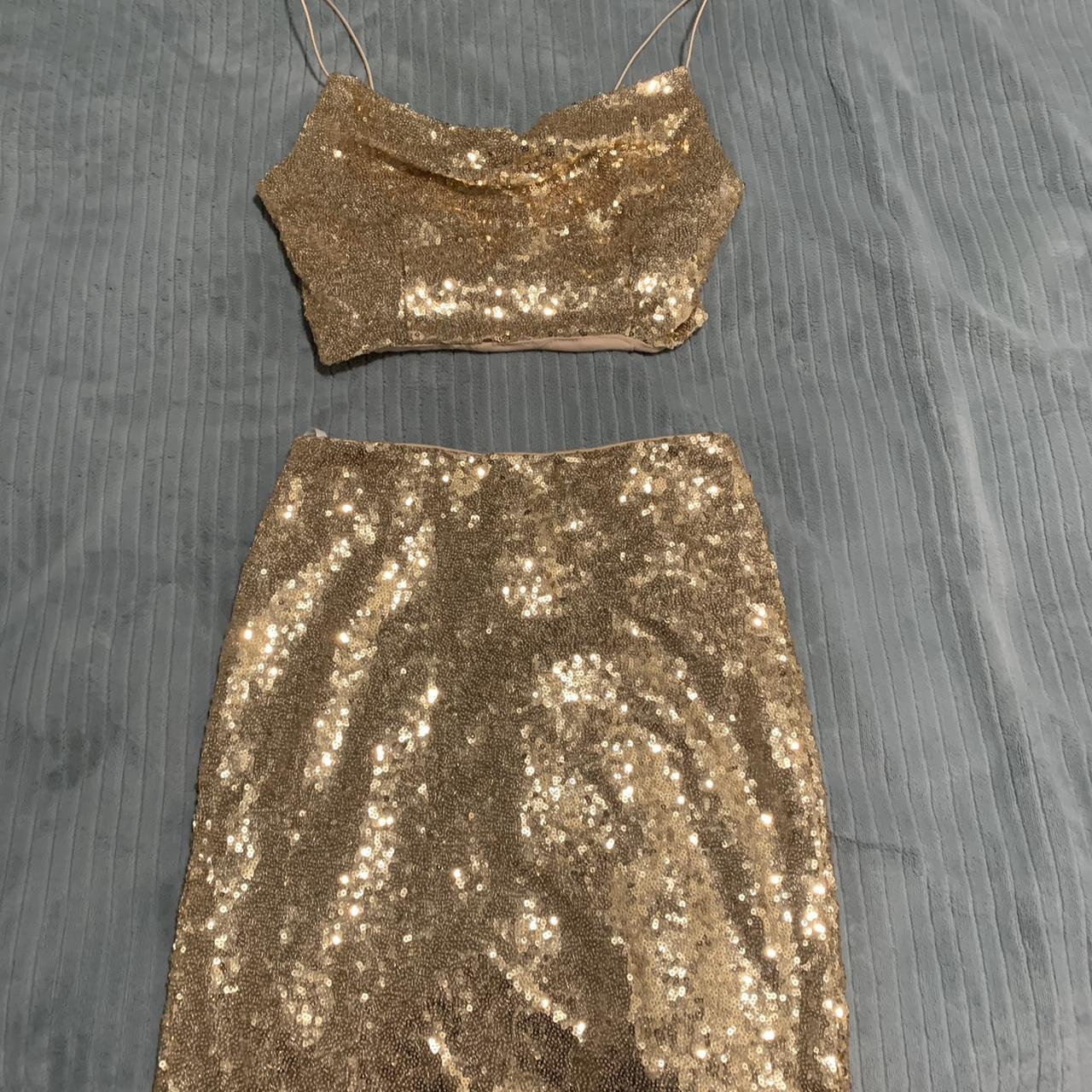 Gold sparkly 2 piece Small top and mini skirt Very... - Depop