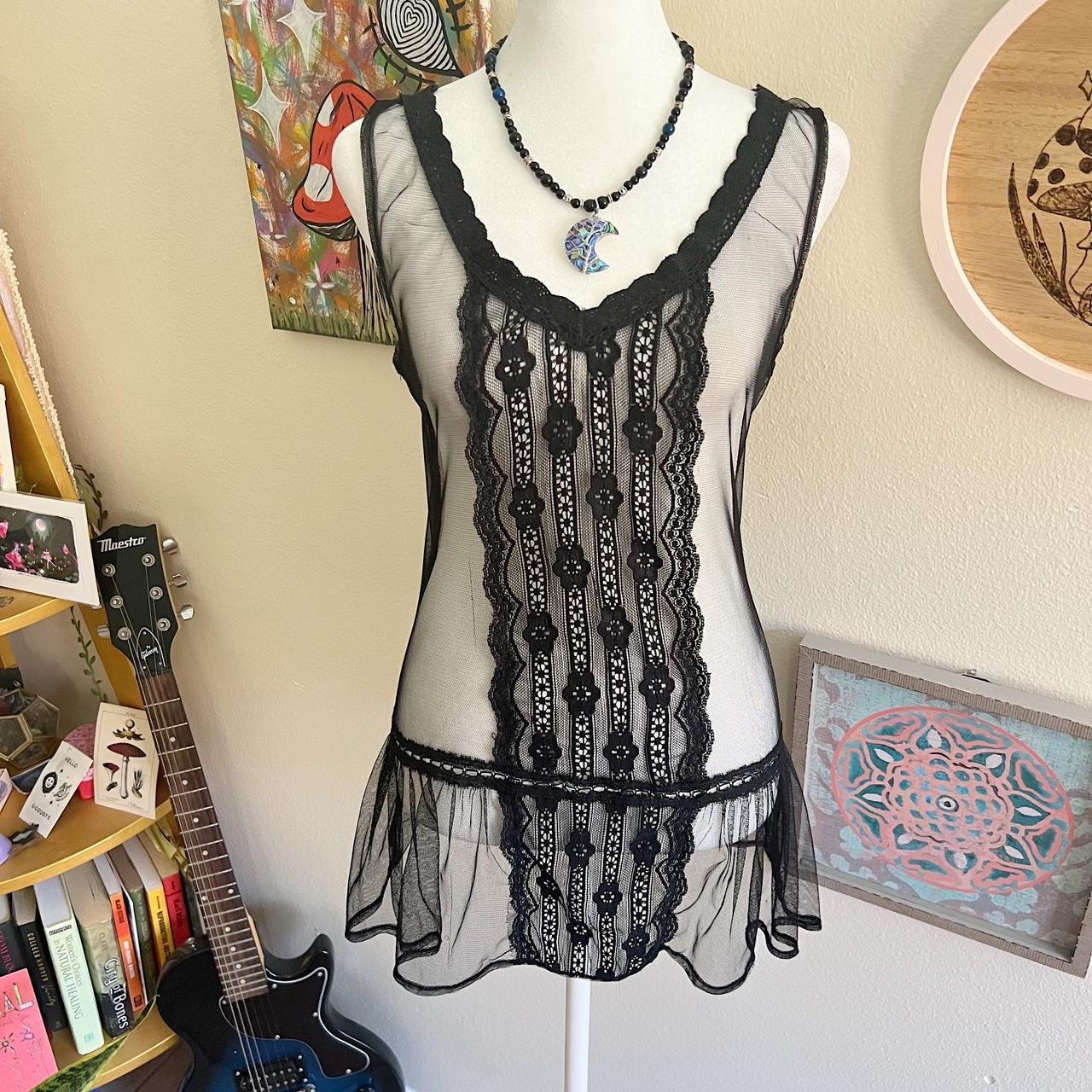 completely sheer black lace cover-up / mini dress... - Depop
