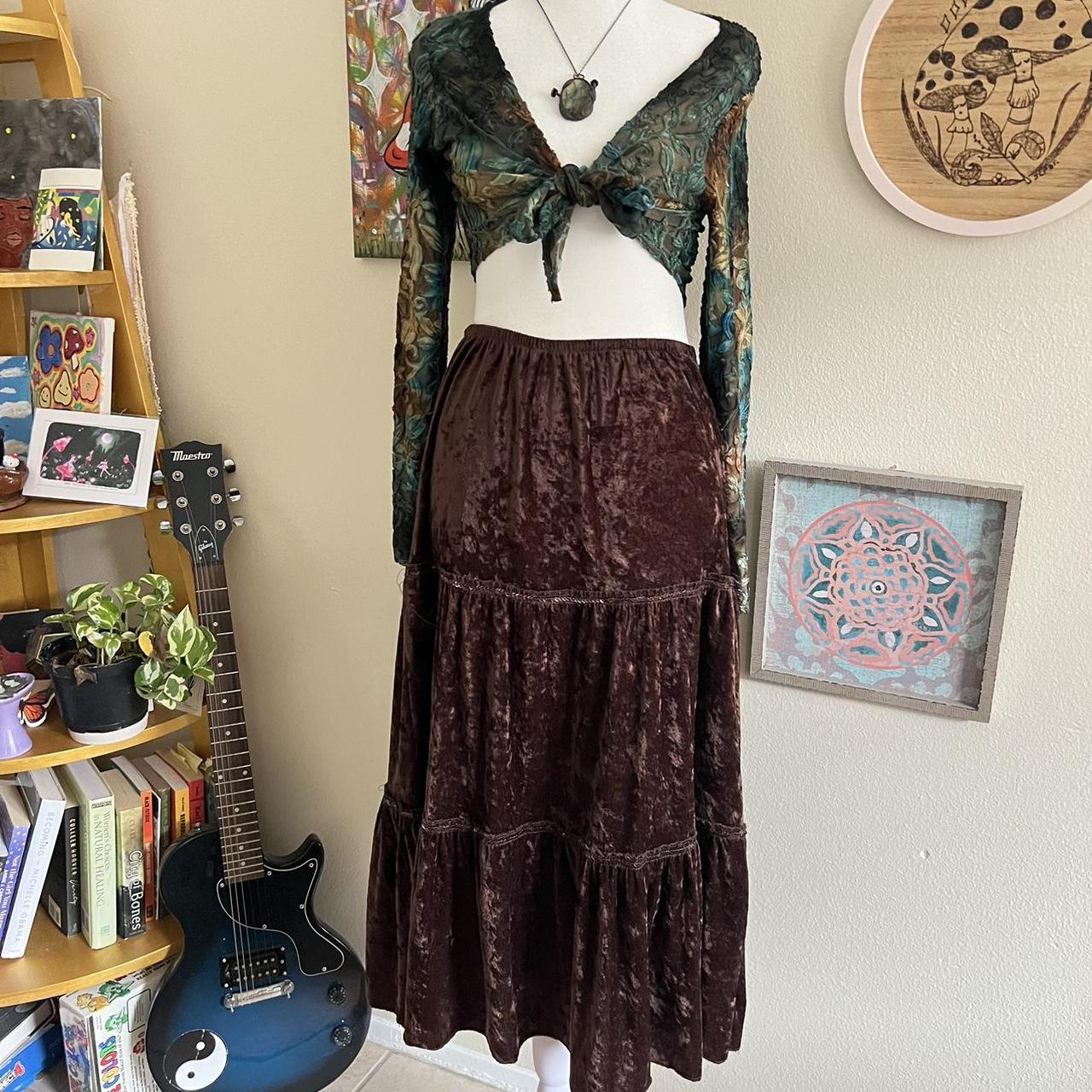 vintage brown velvet tiered sequin maxi skirt... - Depop