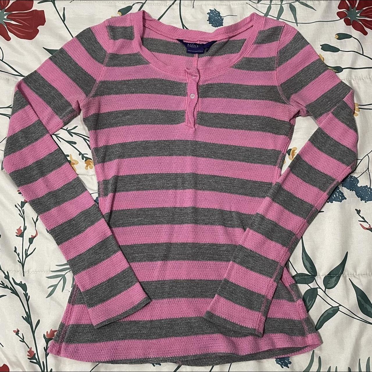 2000s Miley Cyrus pink and gray striped long... - Depop