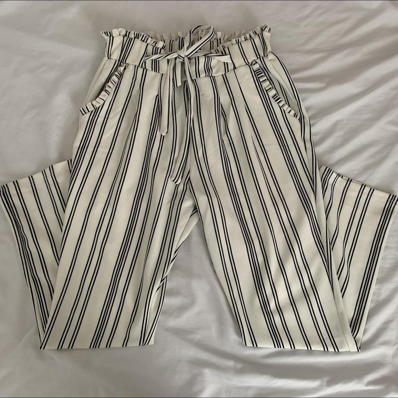 black and cream pants - elastic waist - adjustable... - Depop