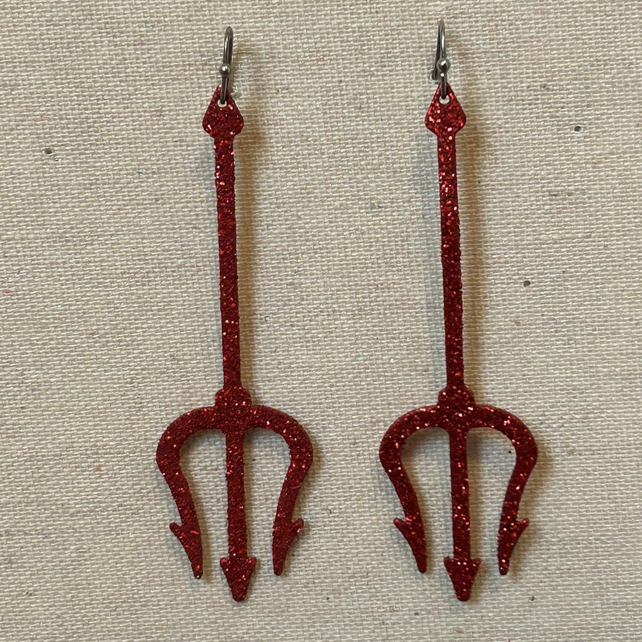 red sparkly devil’s trident earrings worn once... - Depop